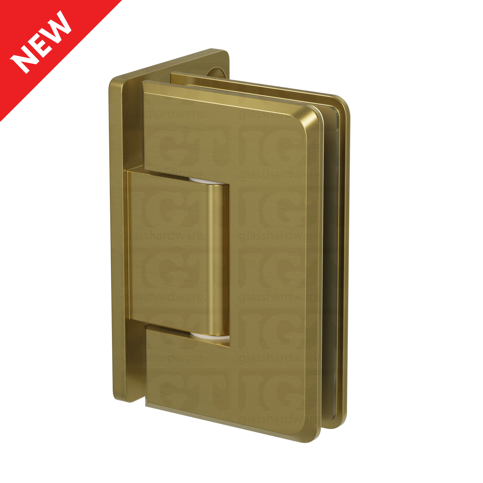 The Wall-to-Glass Offset Back Bilboa Hinge in Gold Brushed.