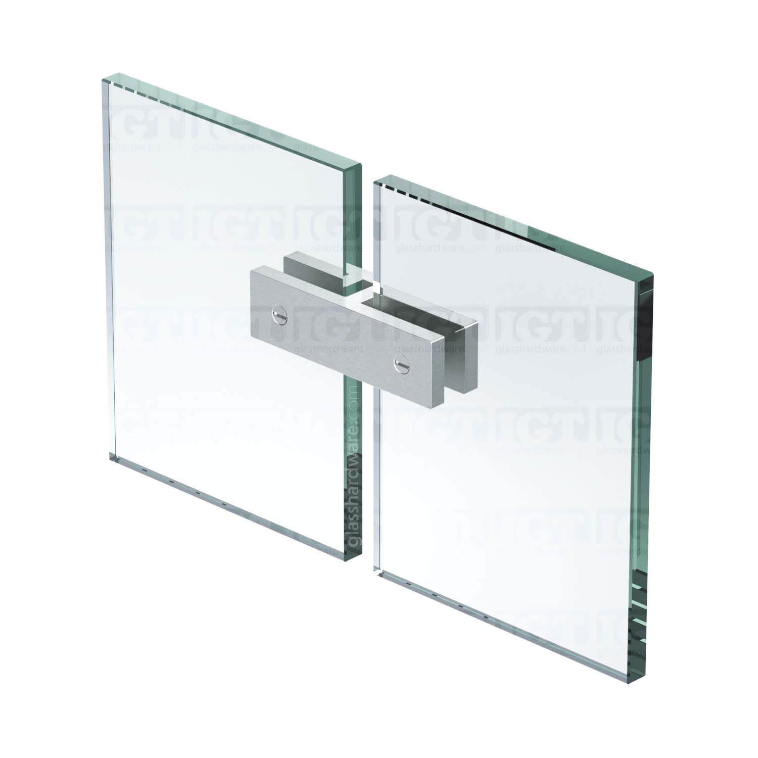 The 180 Degree Glass Bracing Clamp in Brushed Stainless installed between two glass panels.