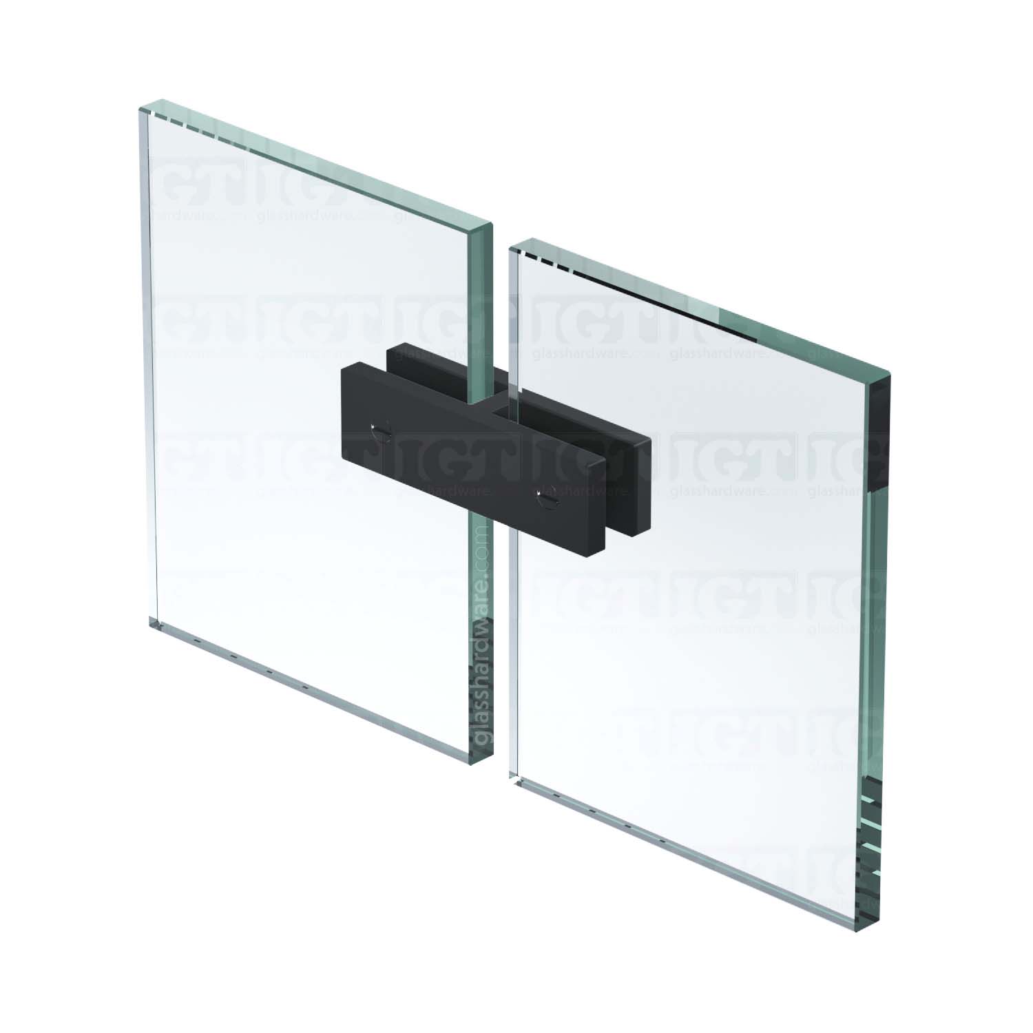 The 180 Degree Glass Bracing Clamp in Matte Black installed between two glass panels.