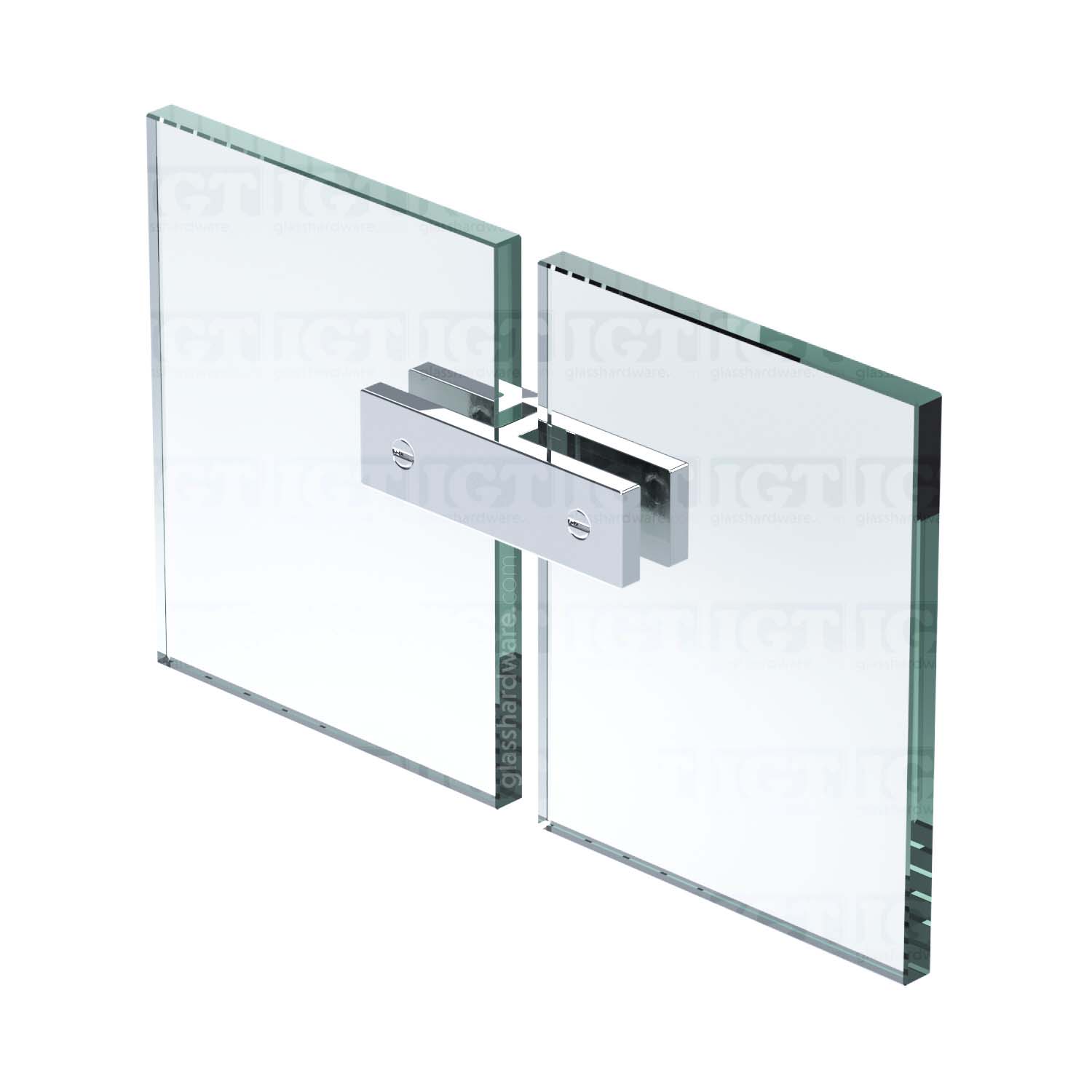 The 180 Degree Glass Bracing Clamp in Polished Stainless installed between two glass panels.