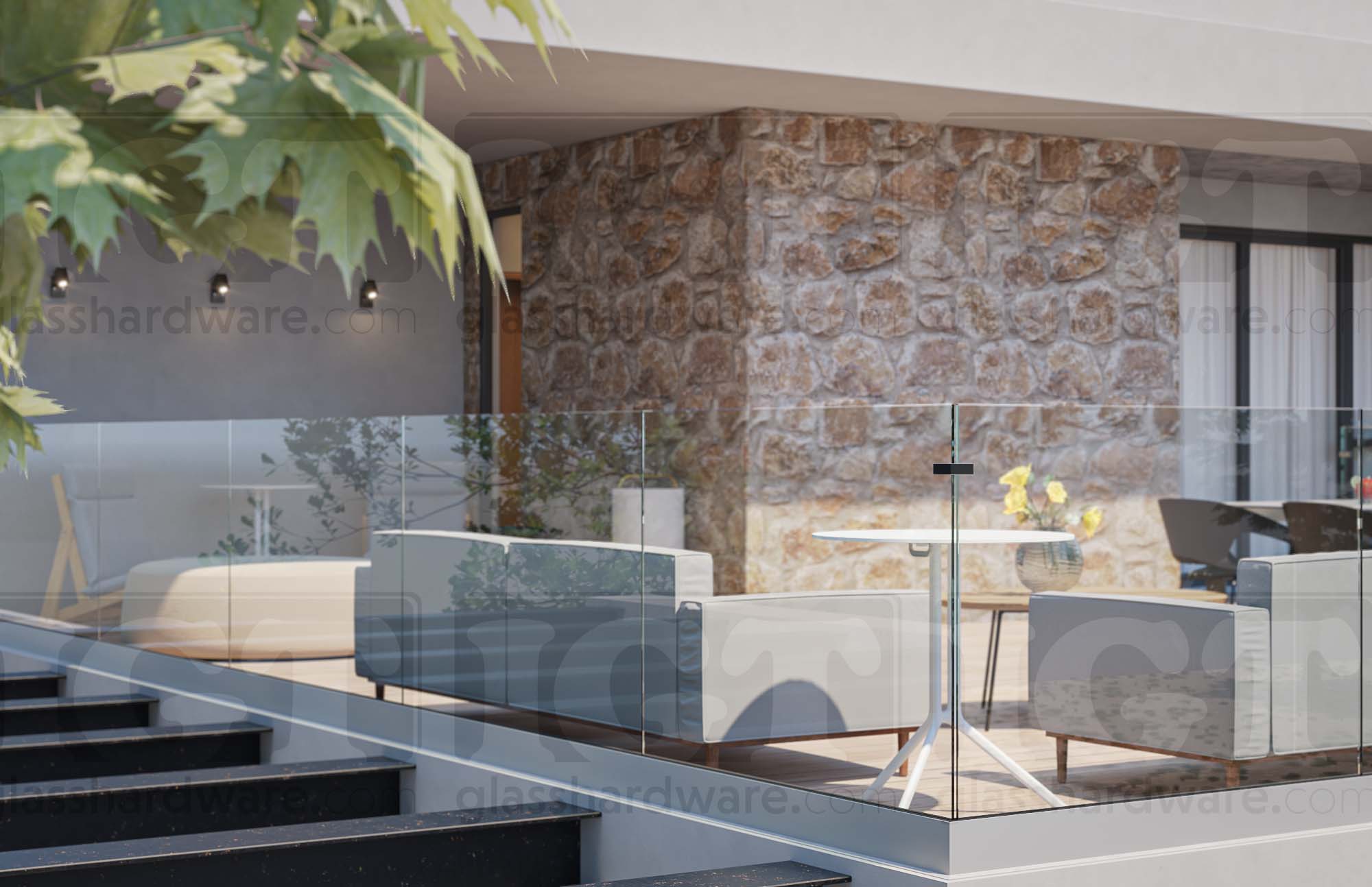 A modern terrace with surrounded by frameless glass railing and secured by a 90 Degree Glass Bracing Clamp at its corner. Matte Black.