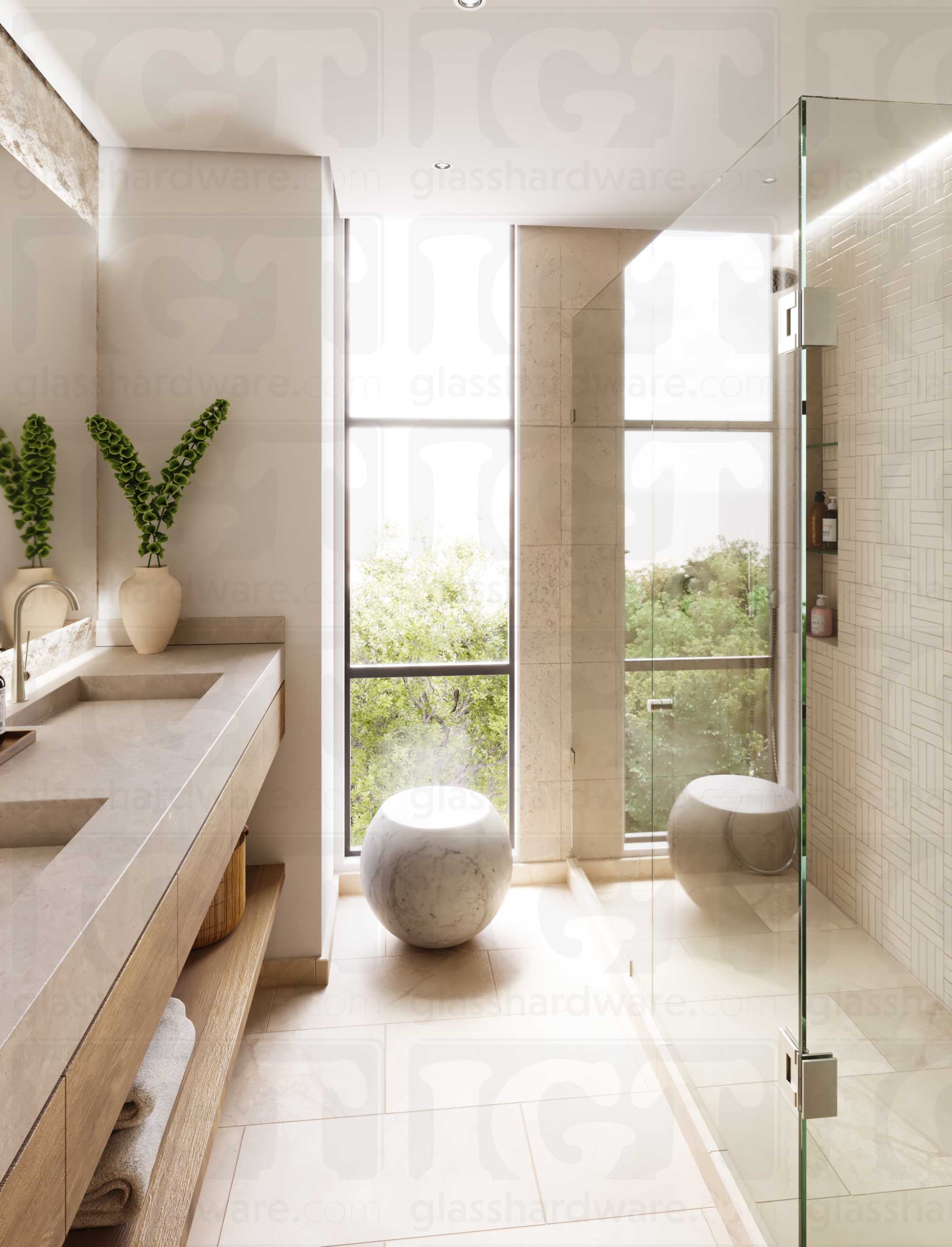 A modern bathroom with a frameless glass shower featuring the Contemporary Style Door Knob in Brushed Nickel.