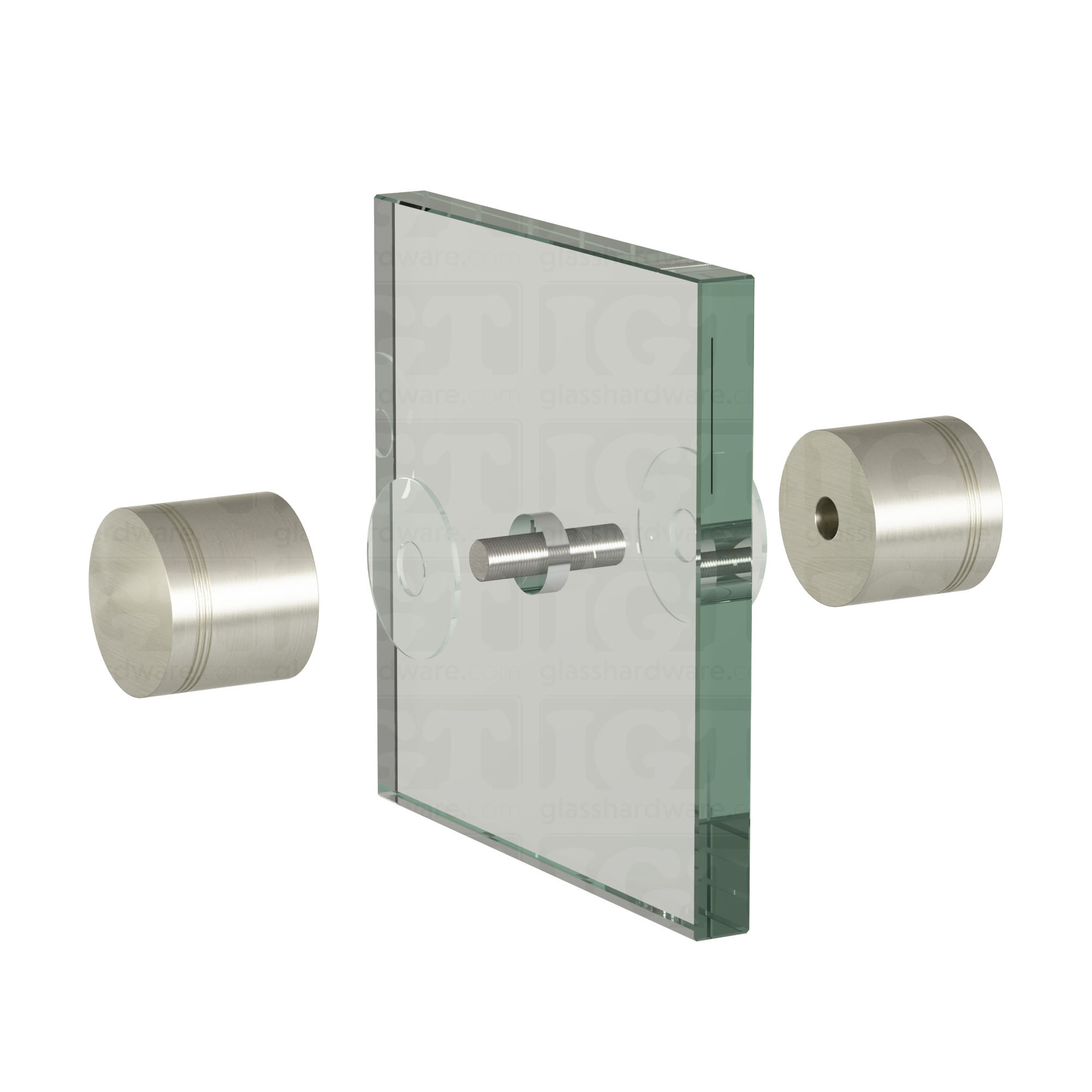 An exploded view of a Contemporary Style Door Knob assembly. The image shows its knobs, clear gaskets, and screw being fitted onto a glass panel. Brushed Nickel.