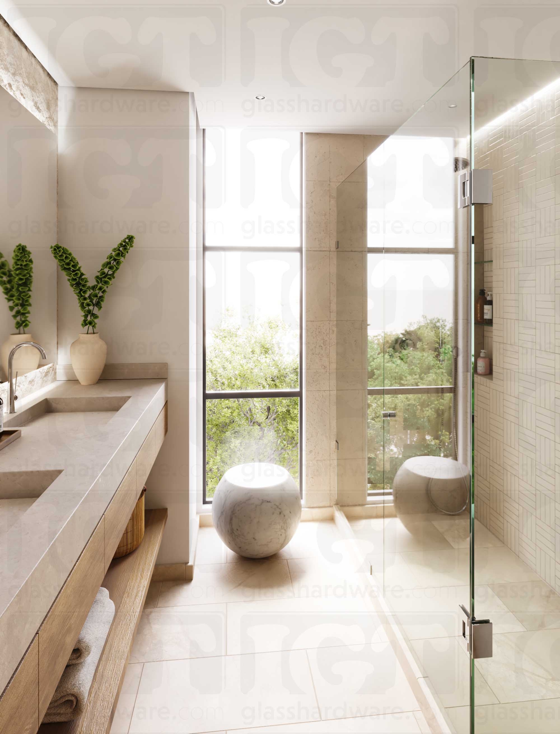 A modern bathroom with a frameless glass shower featuring the Contemporary Style Door Knob in Chrome Polished.