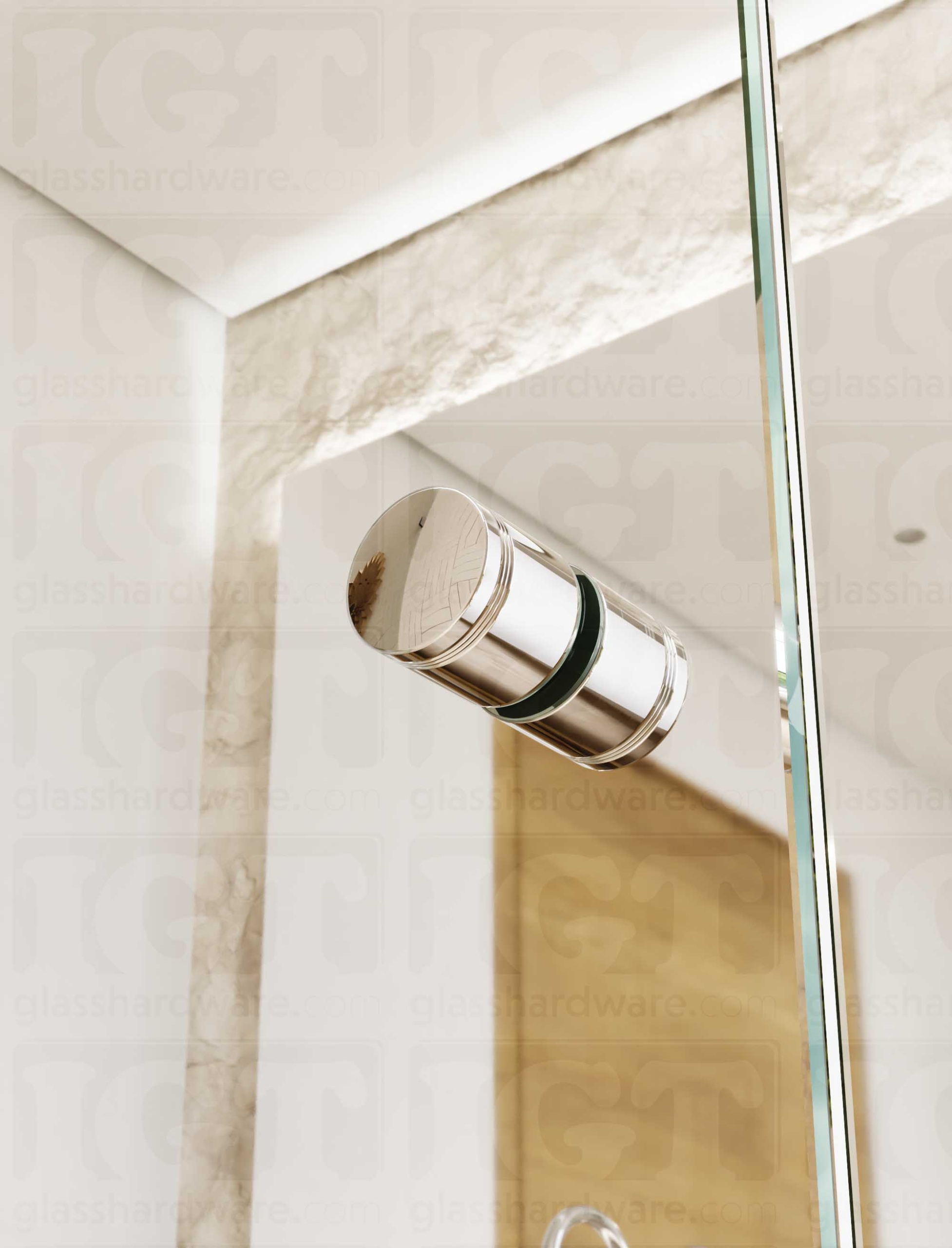 A close up of the Contemporary Style Door Knob installed on a glass shower door. The door knob's back-to-back design is tightly secured to the glass door. Chrome Polished.