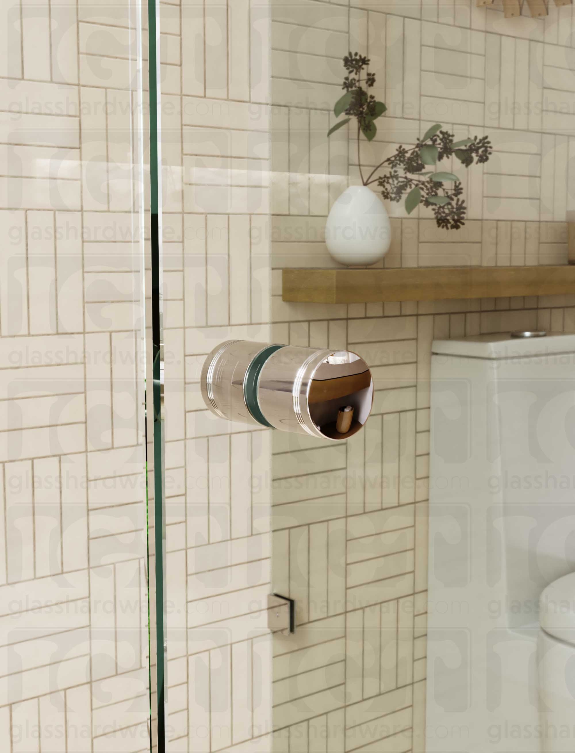 A close up of the Contemporary Style Door Knob installed on a glass shower door. The door knob's back-to-back design is tightly secured to the glass door. Chrome Polished.