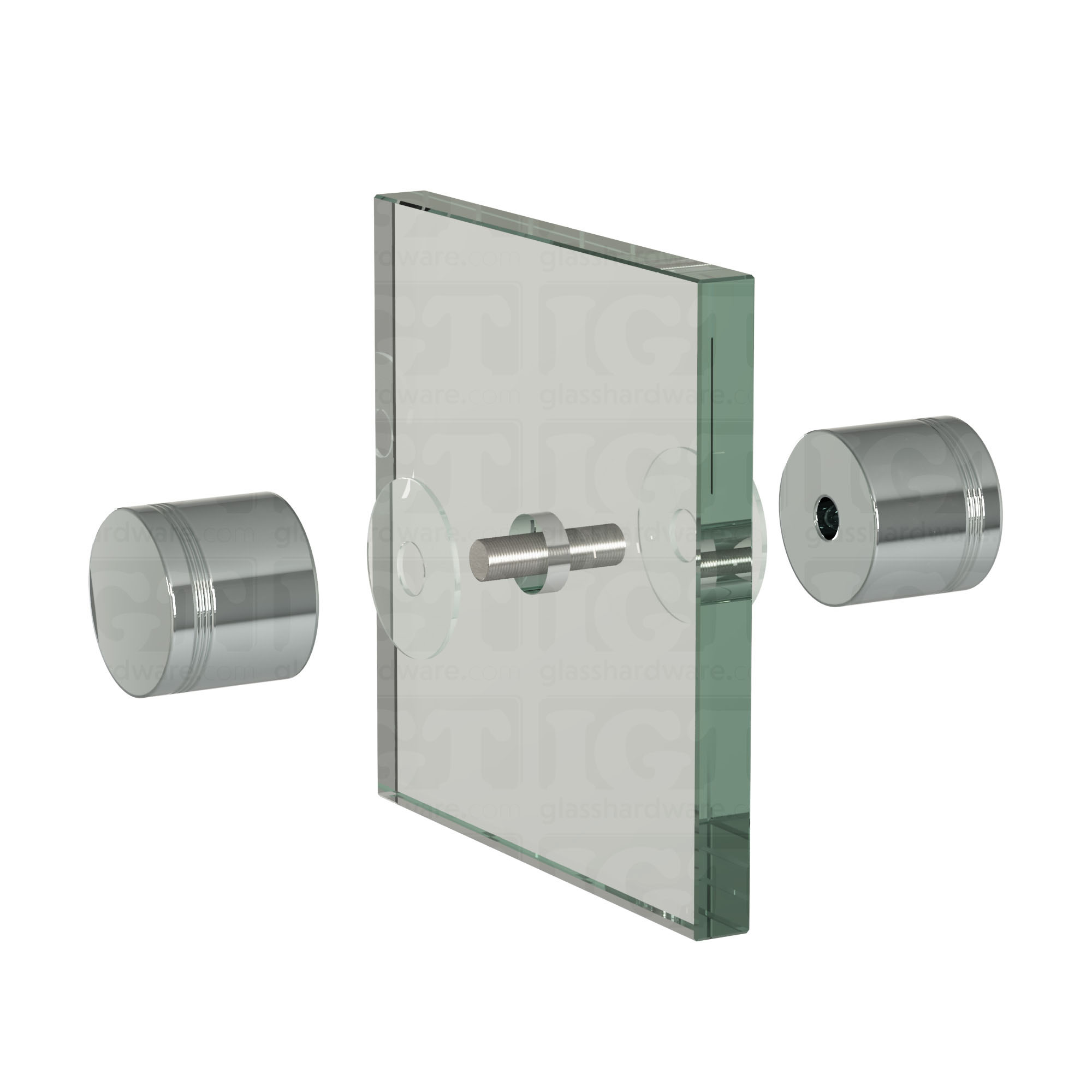 An exploded view of a Contemporary Style Door Knob assembly. The image shows its knobs, clear gaskets, and screw being fitted onto a glass panel. Chrome Polished.