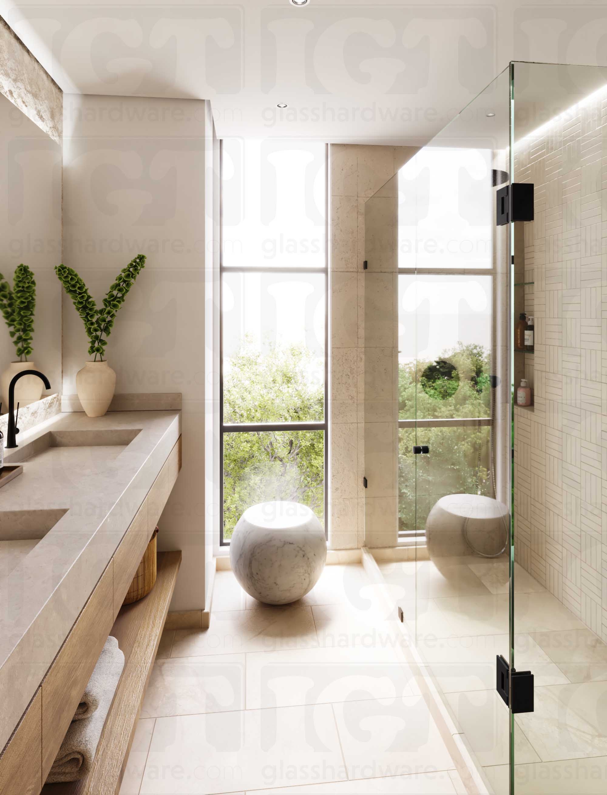 A modern bathroom with a frameless glass shower featuring the Contemporary Style Door Knob in Matte Black.