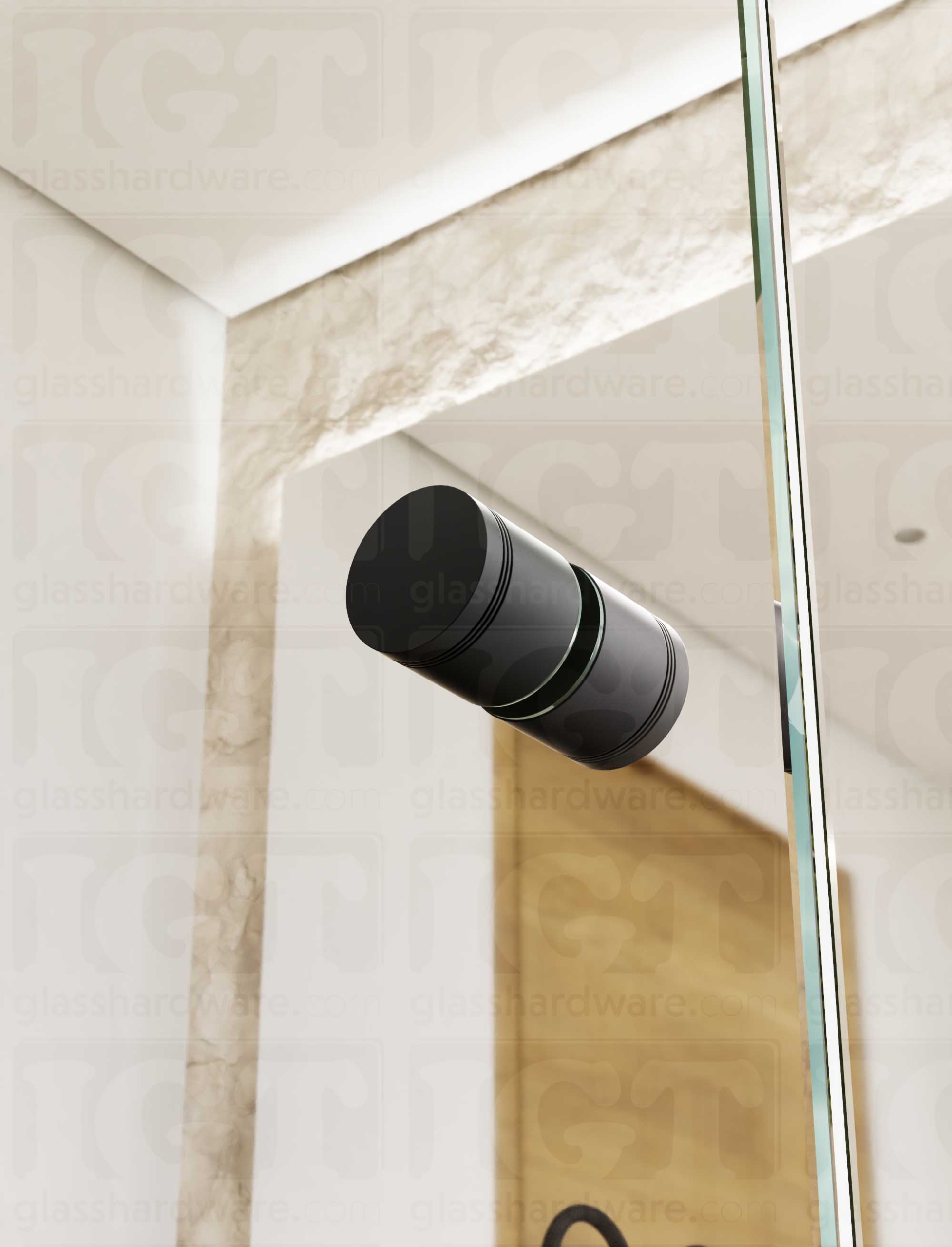 A close up from below of the Contemporary Style Door Knob installed on a glass shower door. Soft natural light highlights the knob's Matte Black finish.