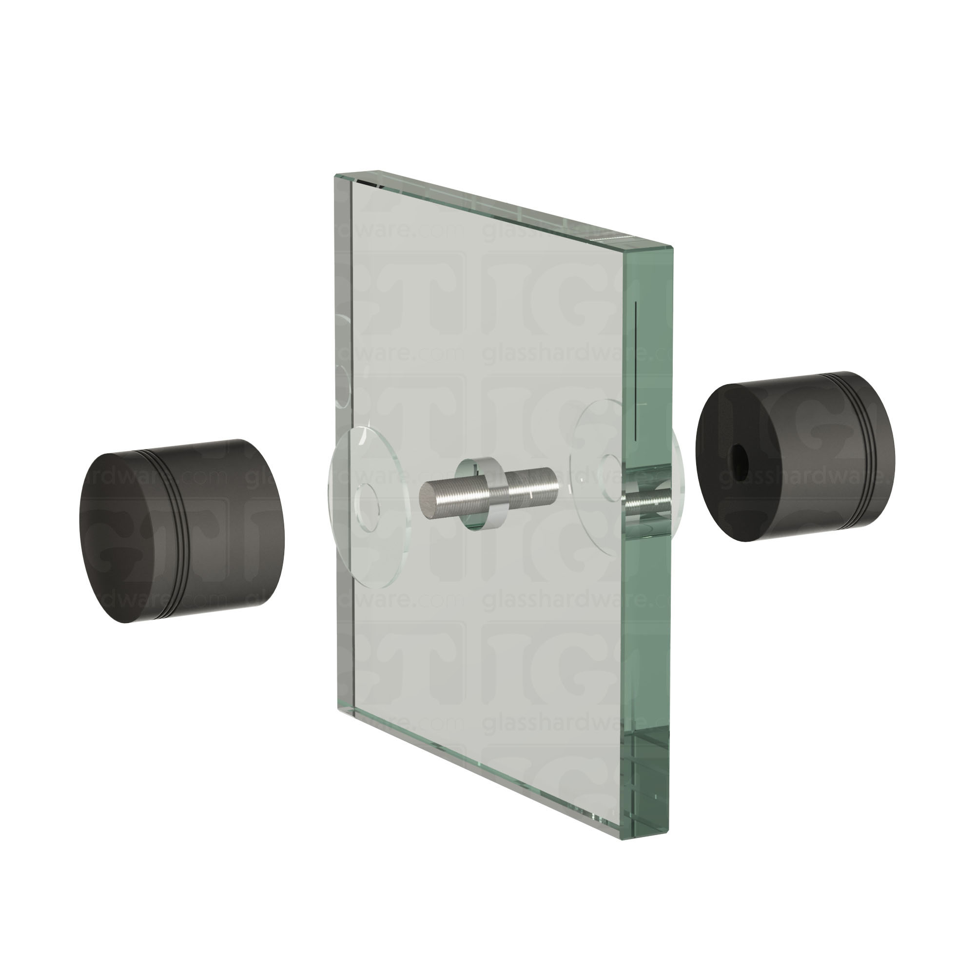 An exploded view of a Contemporary Style Door Knob assembly. The image shows its knobs, clear gaskets, and screw being fitted onto a glass panel. Matte Black.