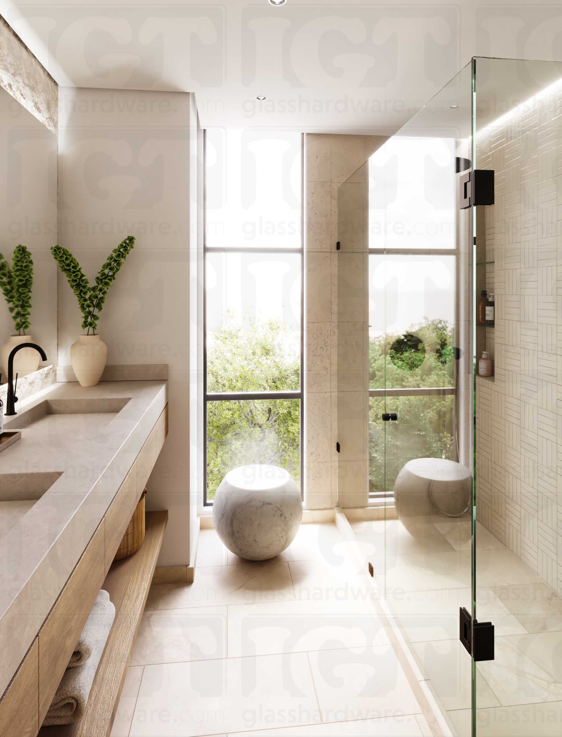 A modern bathroom with a frameless glass shower featuring the Contemporary Style Door Knob in Oil Rubbed Bronze.