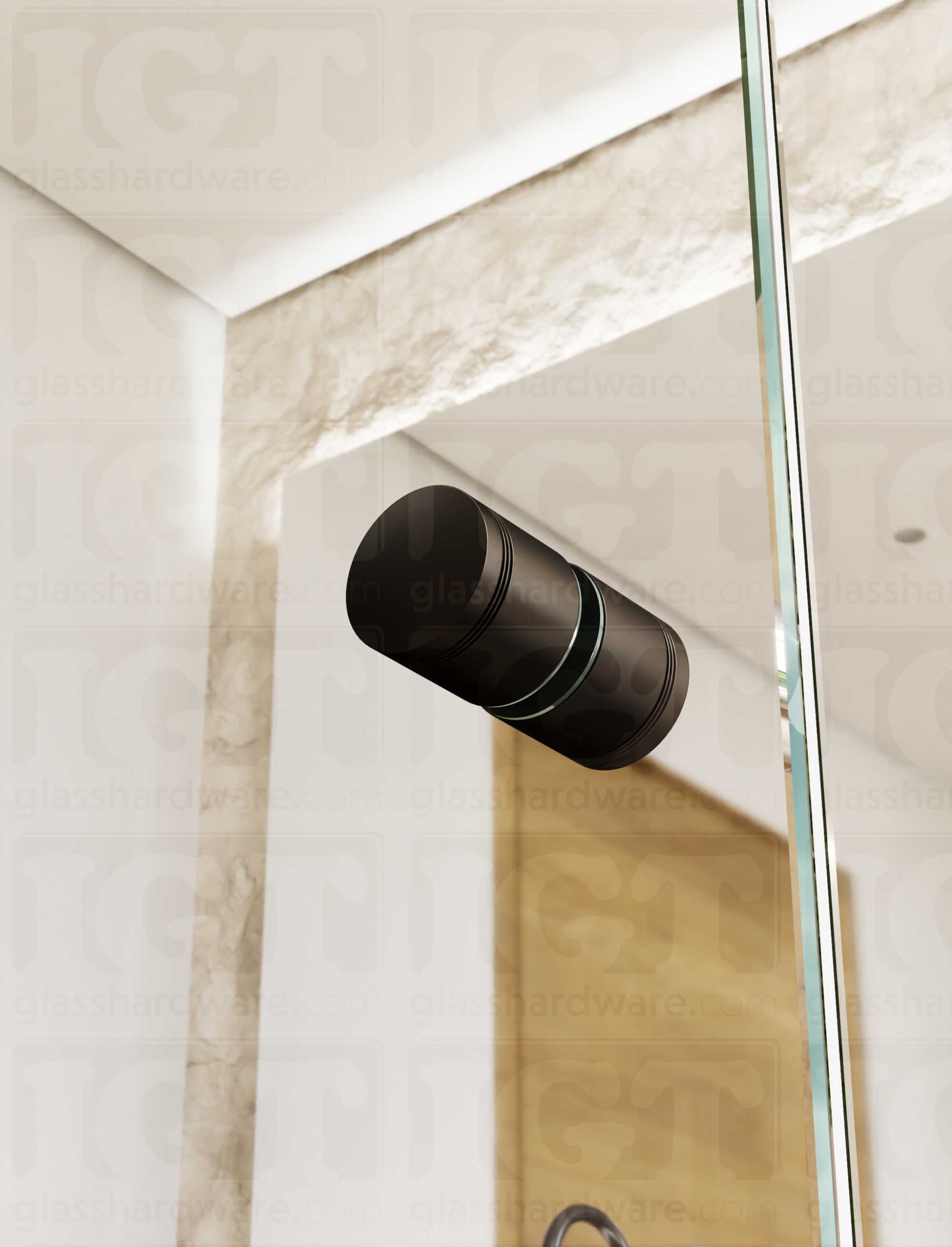 A close up from below of the Contemporary Style Door Knob installed on a glass shower door. Soft natural light highlights the knob's Oil Rubbed Bronze finish.