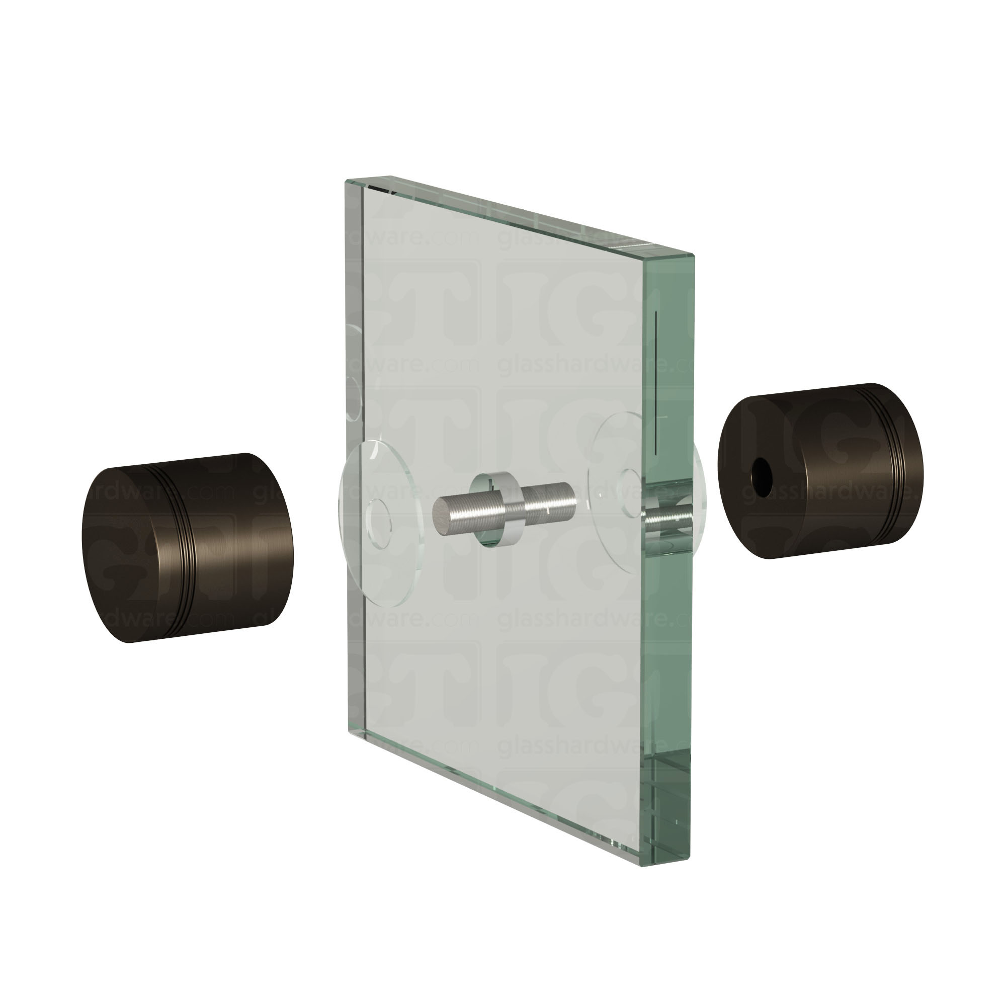 An exploded view of a Contemporary Style Door Knob assembly. The image shows its knobs, clear gaskets, and screw being fitted onto a glass panel. Oil Rubbed Bronze.