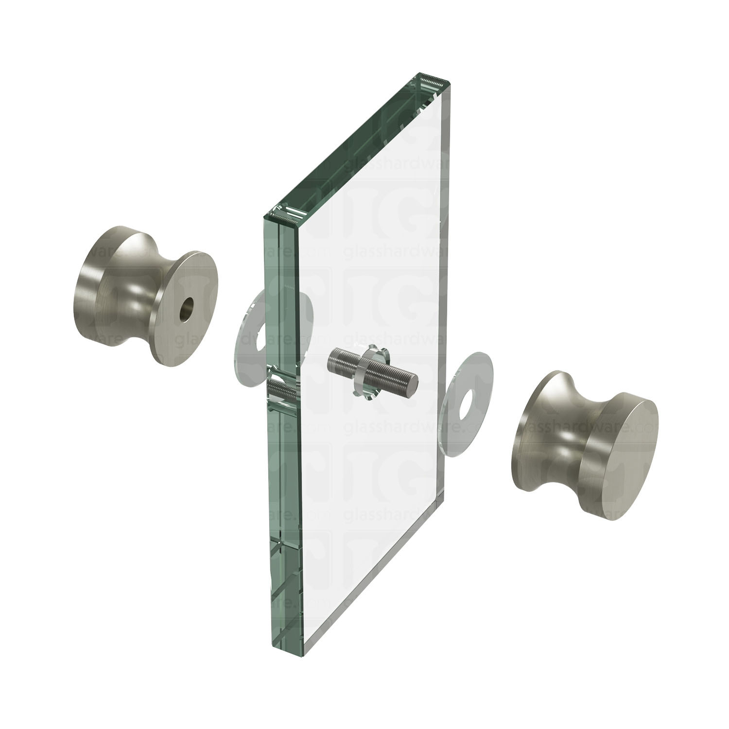 An exploded view of a European Style Back-to-Back Door Knob assembly. The image shows its knobs, clear gaskets, and screw being fitted onto a glass panel. Brushed Nickel.