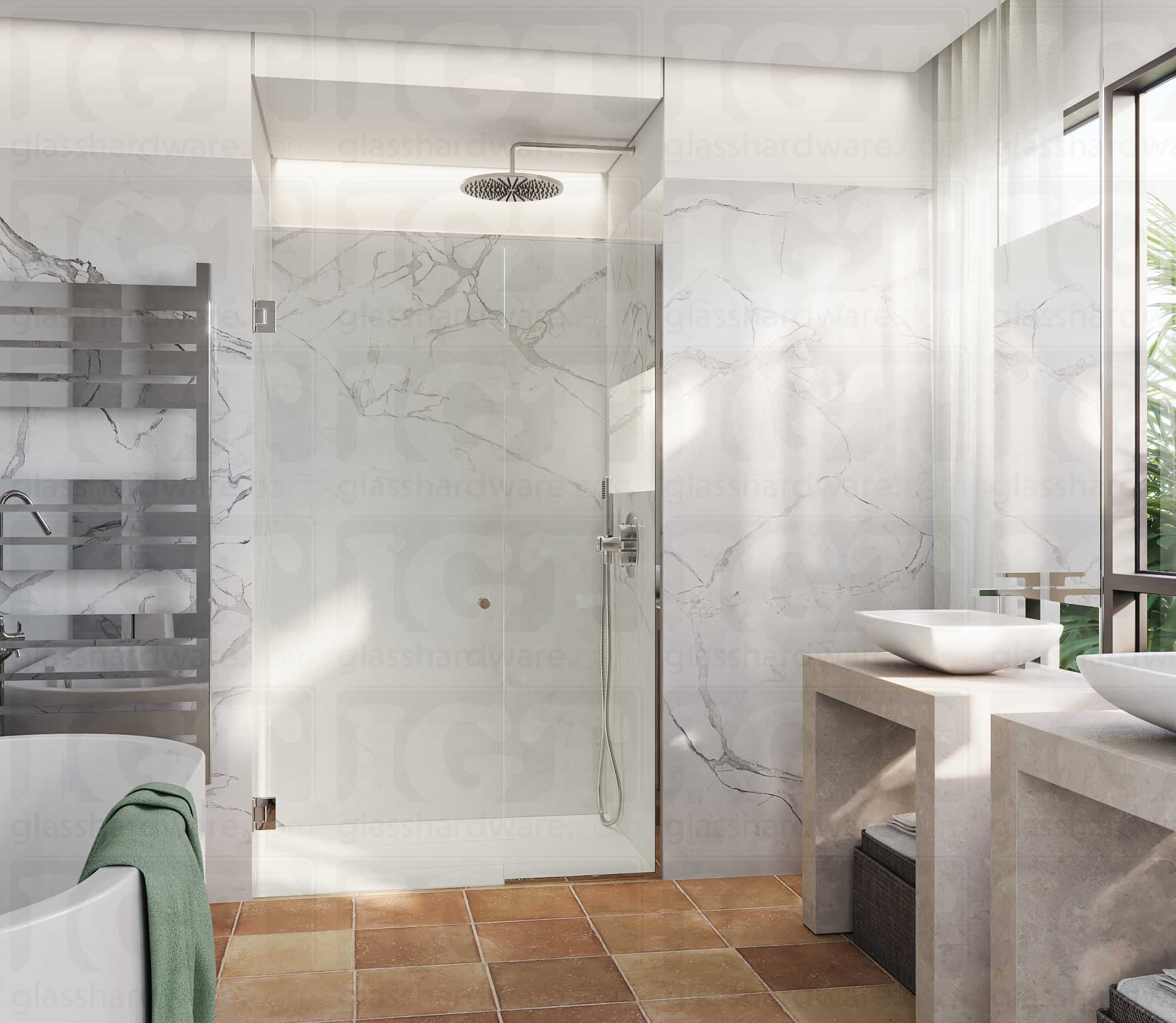 A modern bathroom with a frameless glass shower door featuring the European Style Back-to-Back Door Knob in Chrome Polished.