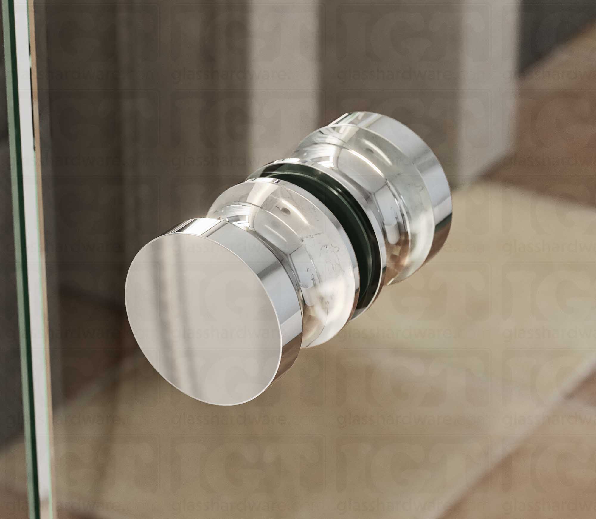 A close up of the European Style Back-to-Back Door Knob installed on a glass shower door. Soft natural light highlights the knob's Chrome Polished finish.