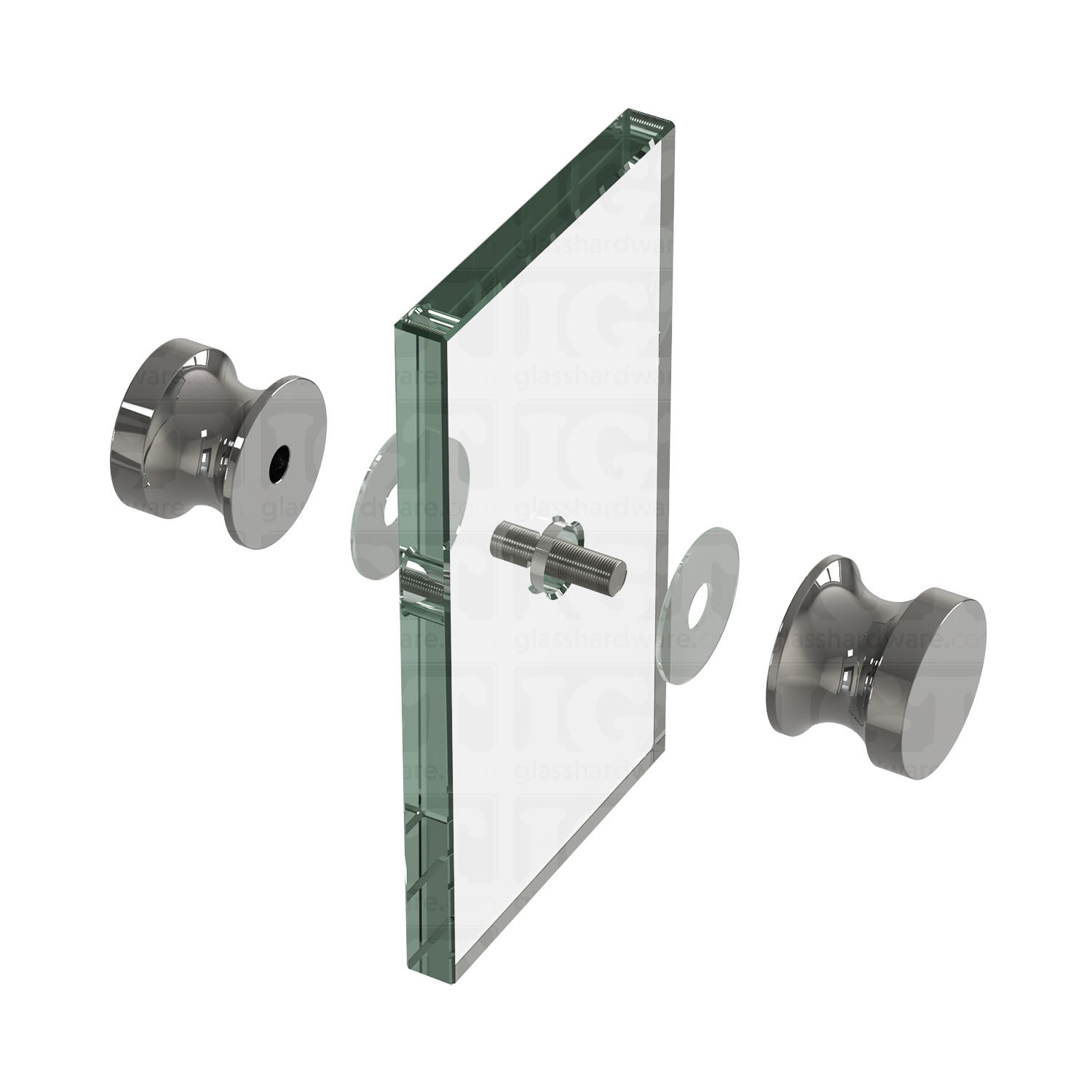 An exploded view of a European Style Back-to-Back Door Knob assembly. The image shows its knobs, clear gaskets, and screw being fitted onto a glass panel. Chrome Polished.