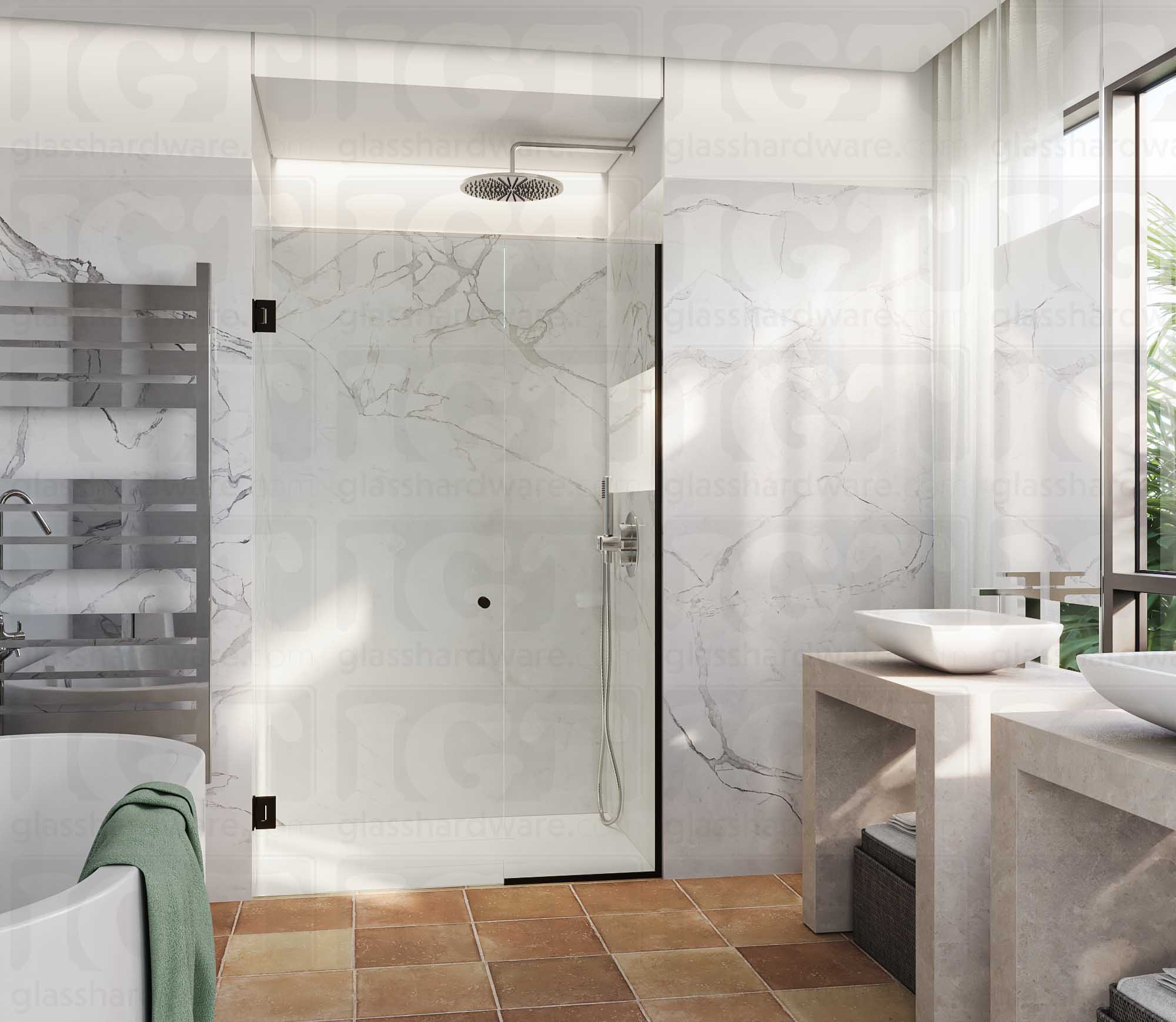 A modern bathroom with a frameless glass shower door featuring the European Style Back-to-Back Door Knob in Oil Rubbed Bronze.