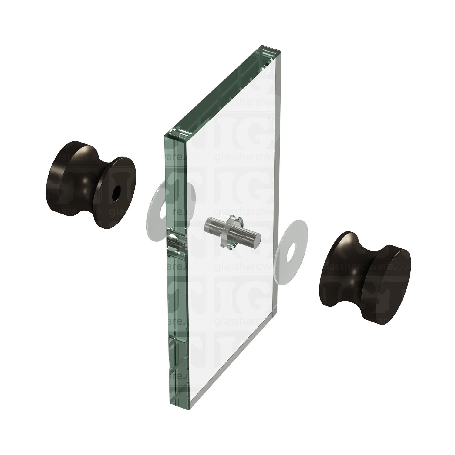 An exploded view of a European Style Back-to-Back Door Knob assembly. The image shows its knobs, clear gaskets, and screw being fitted onto a glass panel. Oil Rubbed Bronze.