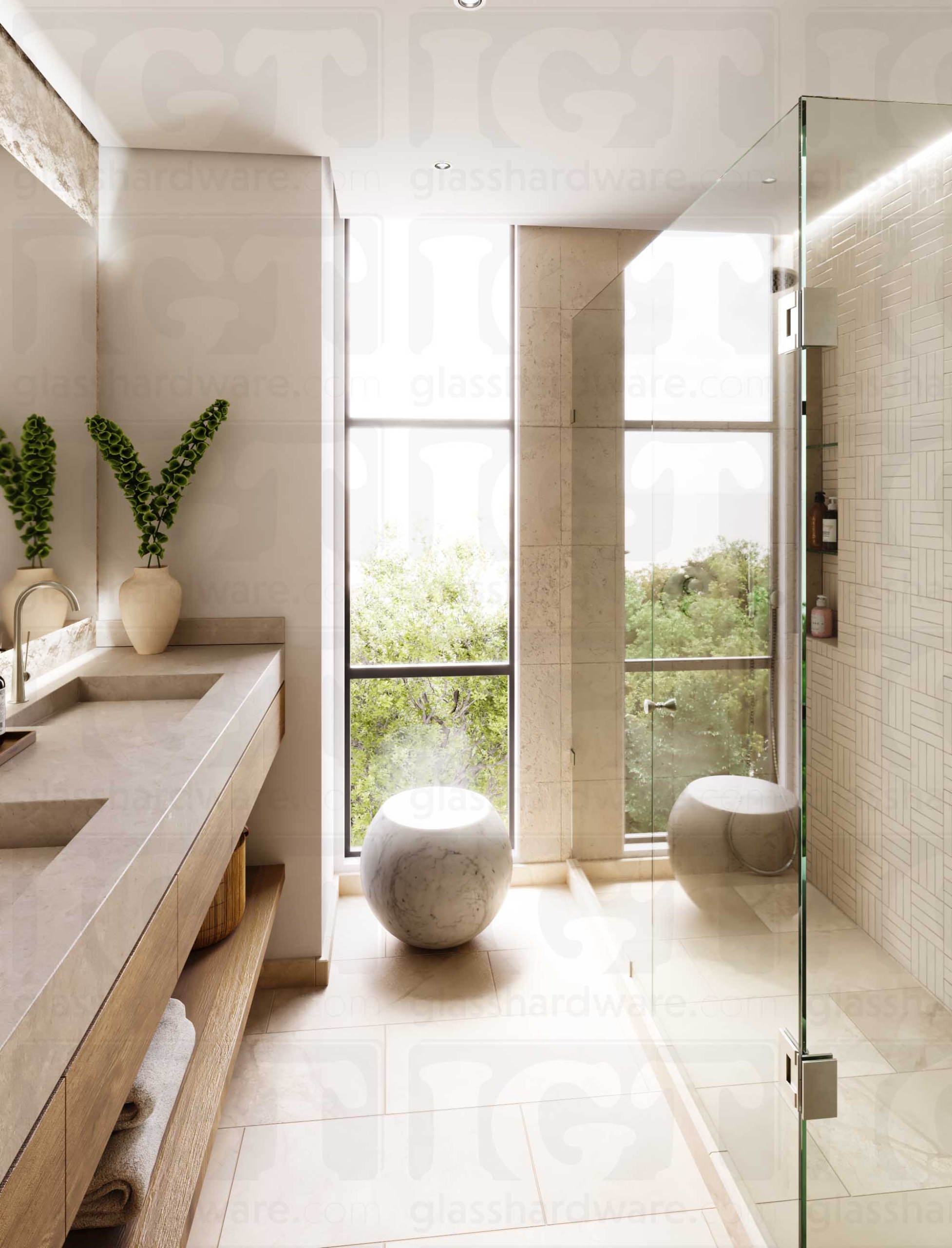 A modern bathroom with a frameless glass shower featuring the Ribbed Bow Tie Style Back-to-Back Door Knob in Brushed Nickel.