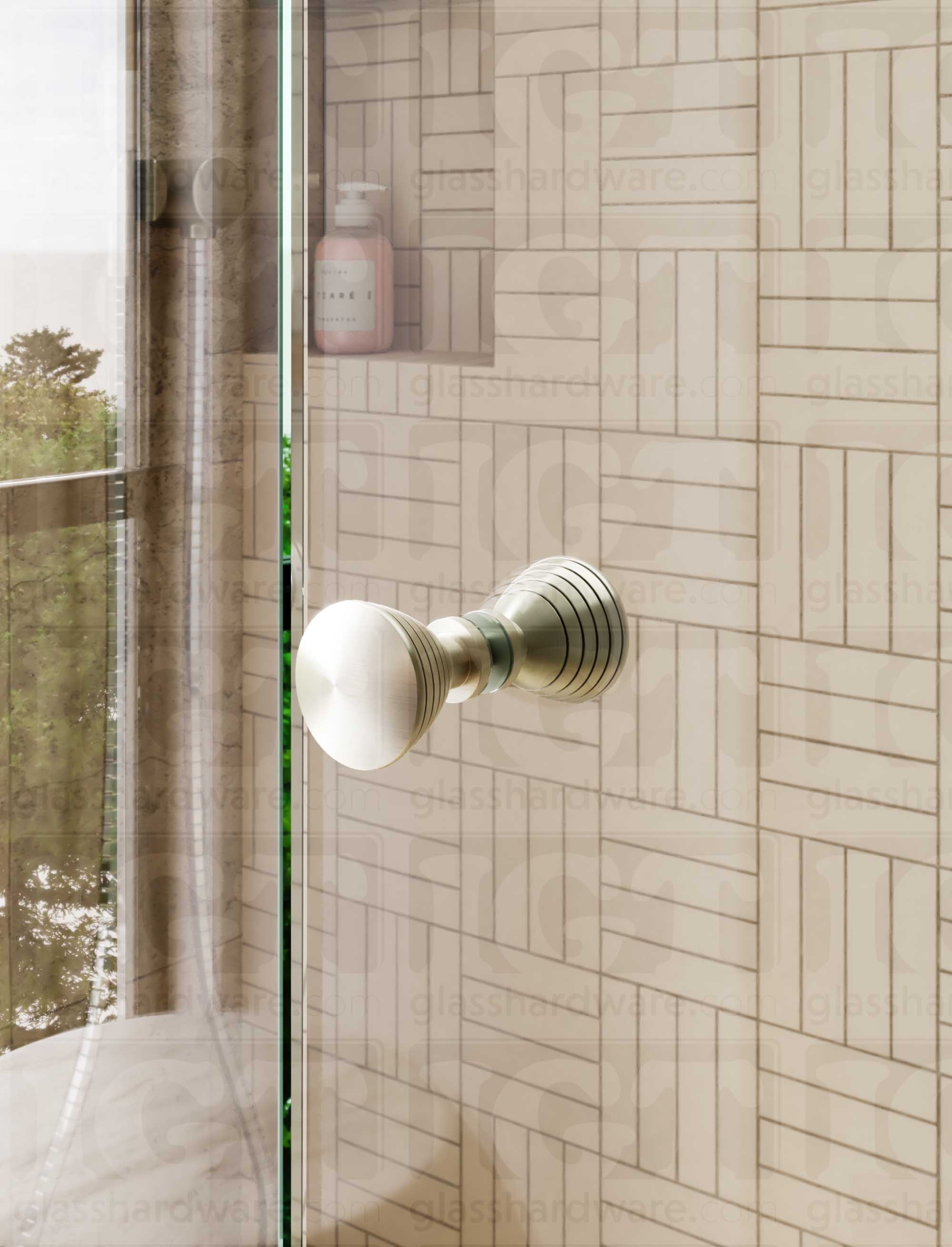 A close up of the Ribbed Bow Tie Style Back-to-Back Door Knob installed on a glass shower door. Brushed Nickel.