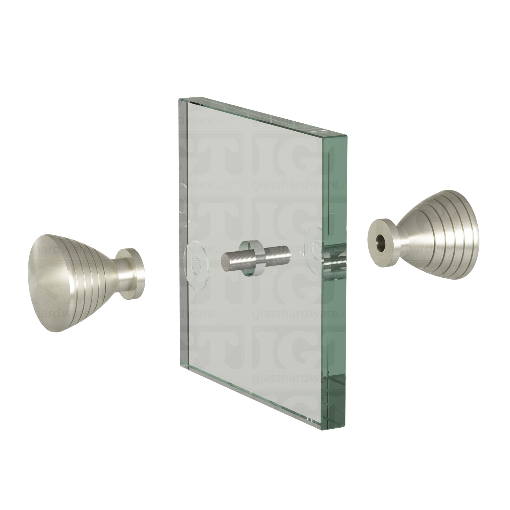 An exploded view of a Ribbed Bow Tie Style Back-to-Back Door Knob assembly. The image shows its knobs, clear gaskets, and screw being fitted onto a glass panel. Brushed Nickel.