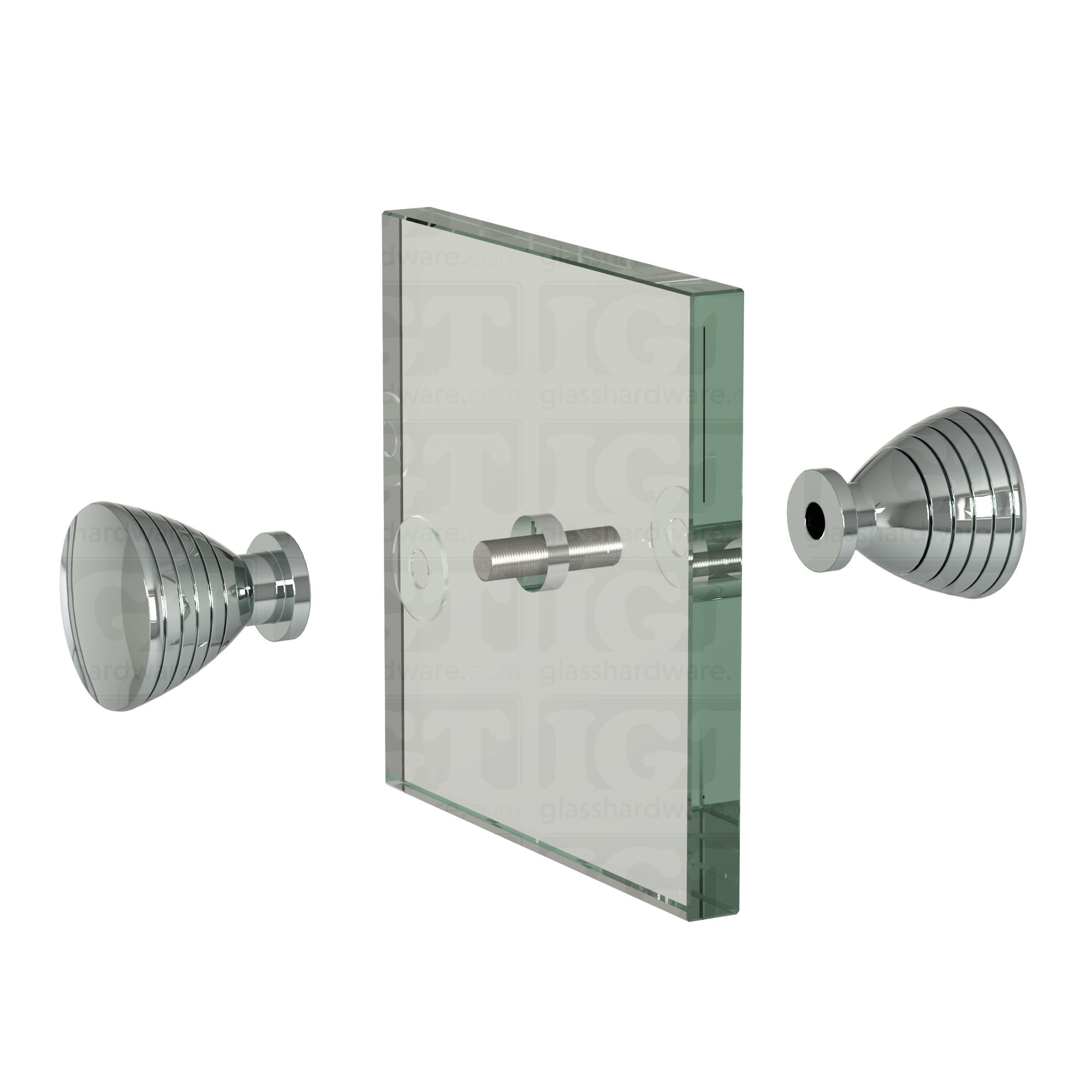 An exploded view of a Ribbed Bow Tie Style Back-to-Back Door Knob assembly. The image shows its knobs, clear gaskets, and screw being fitted onto a glass panel. Chrome Polished.