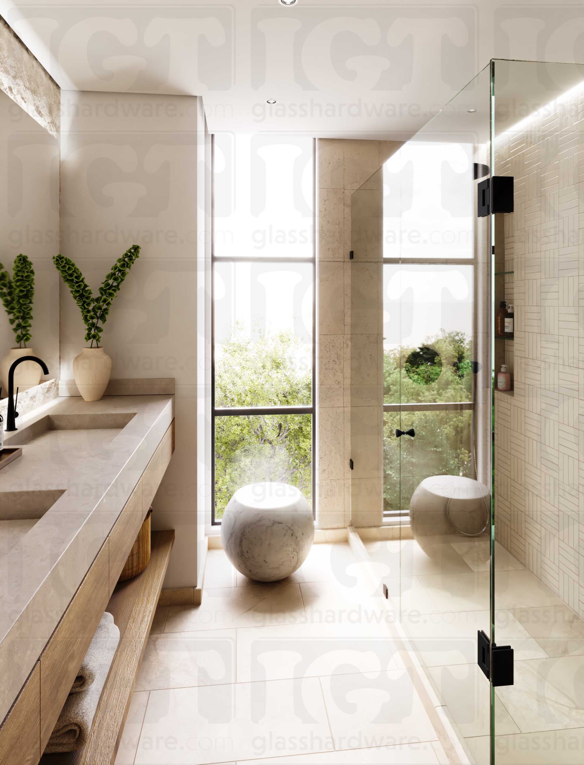 A modern bathroom with a frameless glass shower featuring the Ribbed Bow Tie Style Back-to-Back Door Knob in Matte Black.