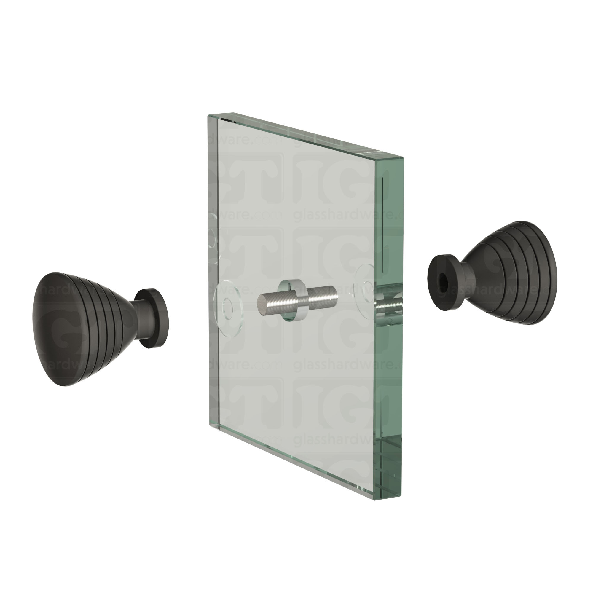 An exploded view of a Ribbed Bow Tie Style Back-to-Back Door Knob assembly. The image shows its knobs, clear gaskets, and screw being fitted onto a glass panel. Matte Black.