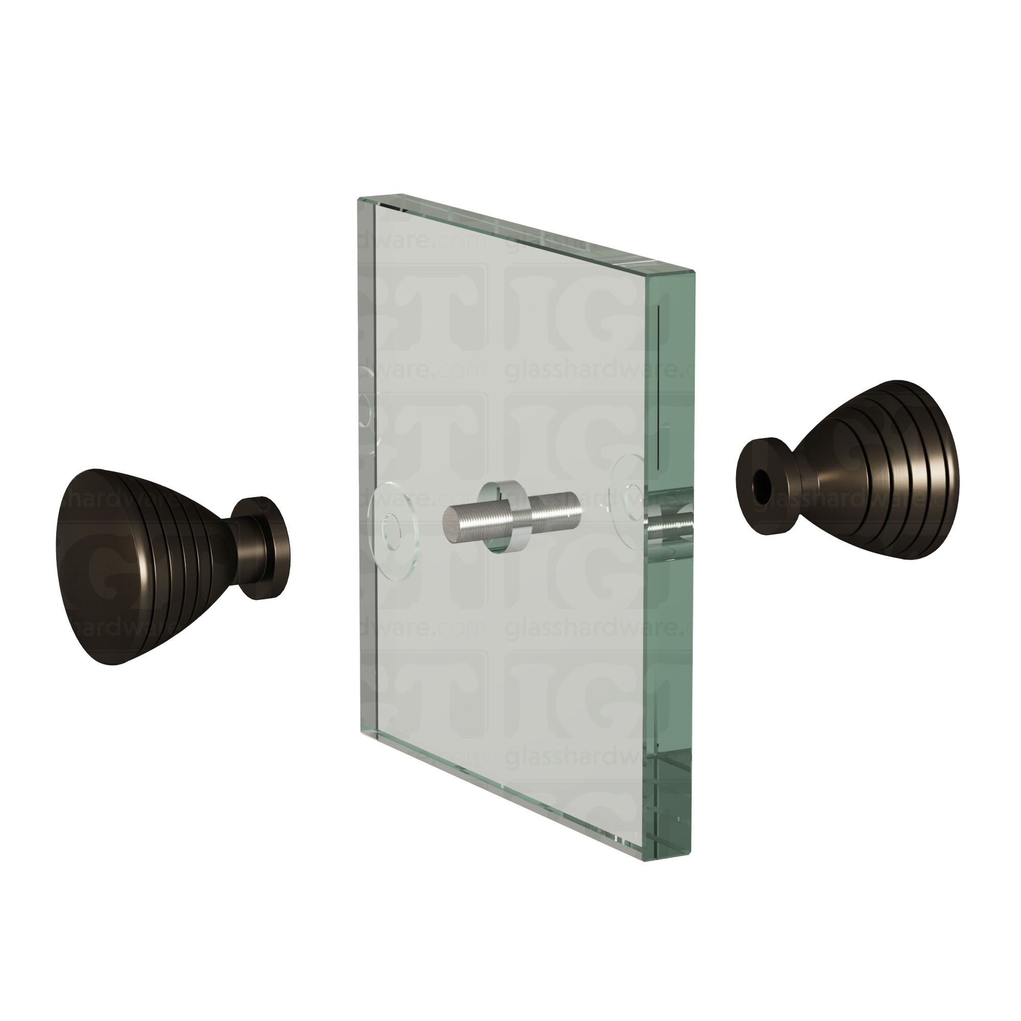 An exploded view of a Ribbed Bow Tie Style Back-to-Back Door Knob assembly. The image shows its knobs, clear gaskets, and screw being fitted onto a glass panel. Oil Rubbed Bronze.