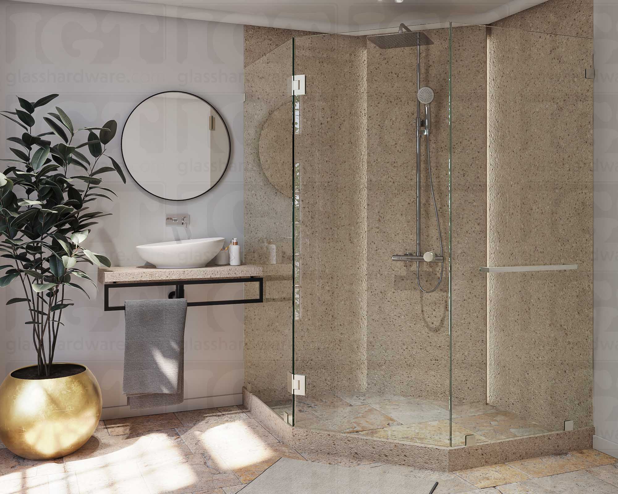 A modern bathroom with a frameless glass shower enclosure featuring the Traditional Style Back-to-Back Door Knob in Brushed Nickel.