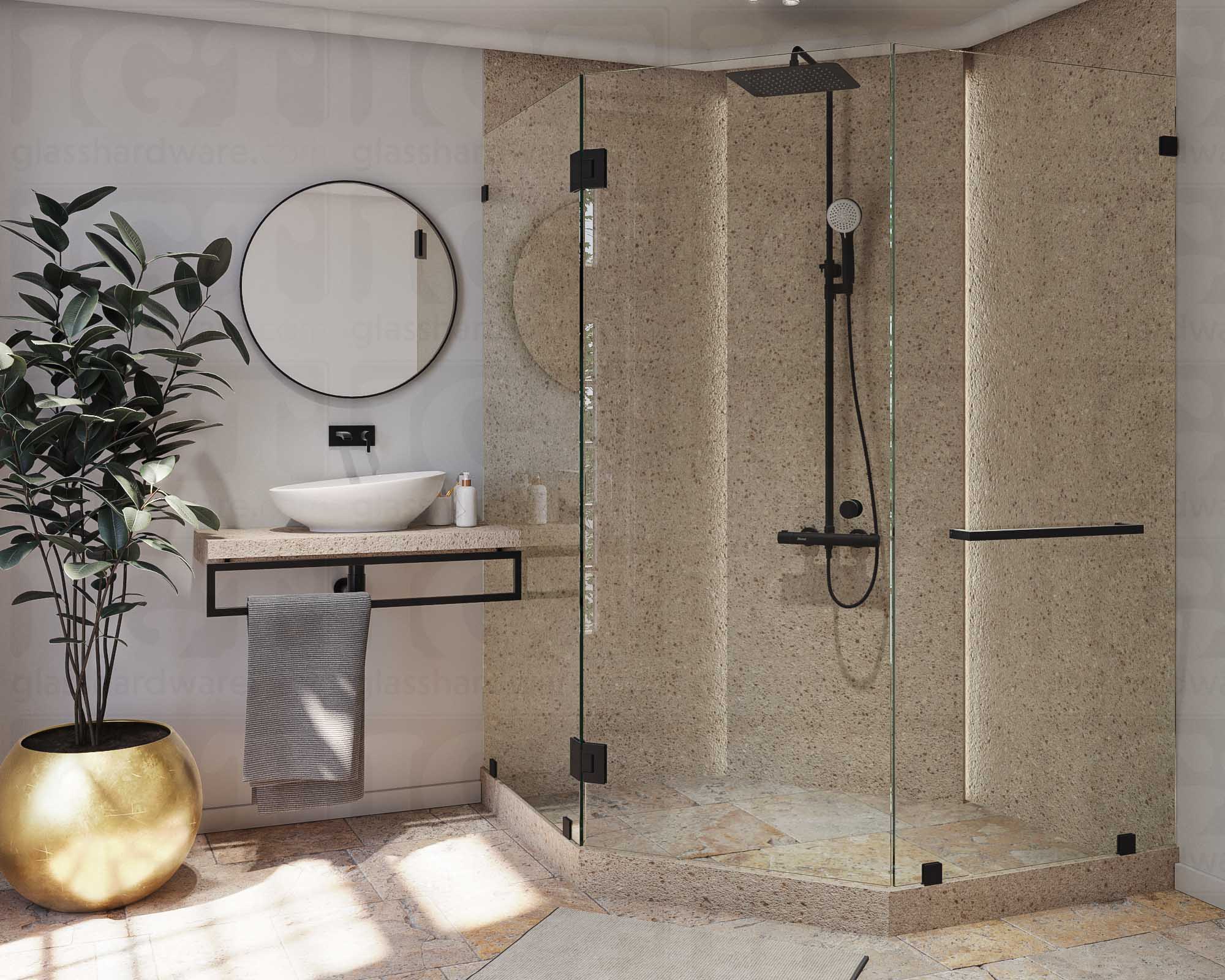 A modern bathroom with a frameless glass shower enclosure featuring the Traditional Style Back-to-Back Door Knob in Matte Black.