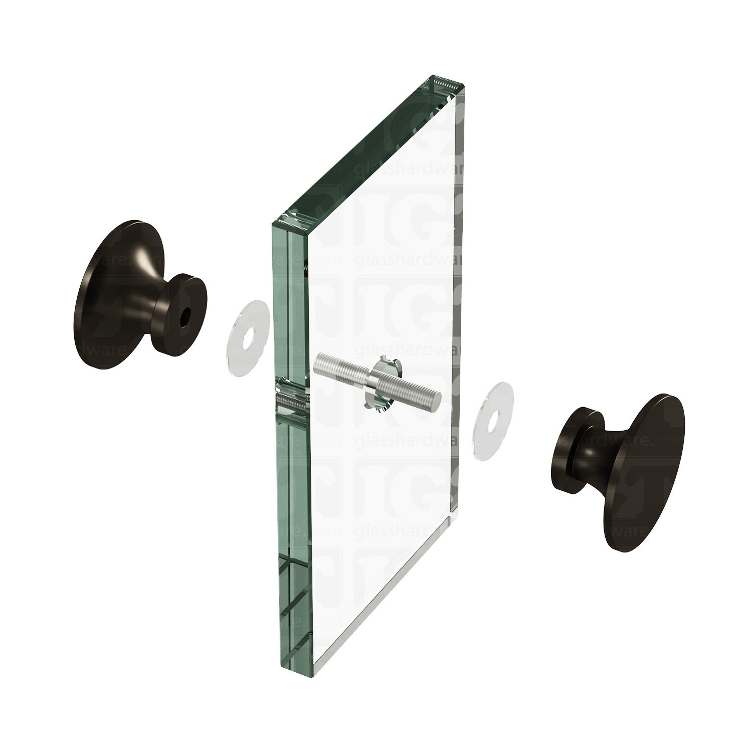 An exploded view of a Traditional Style Back-to-Back Door Knob assembly. The image shows its knobs, clear gaskets, and screw being fitted onto a glass panel. Oil Rubbed Bronze.