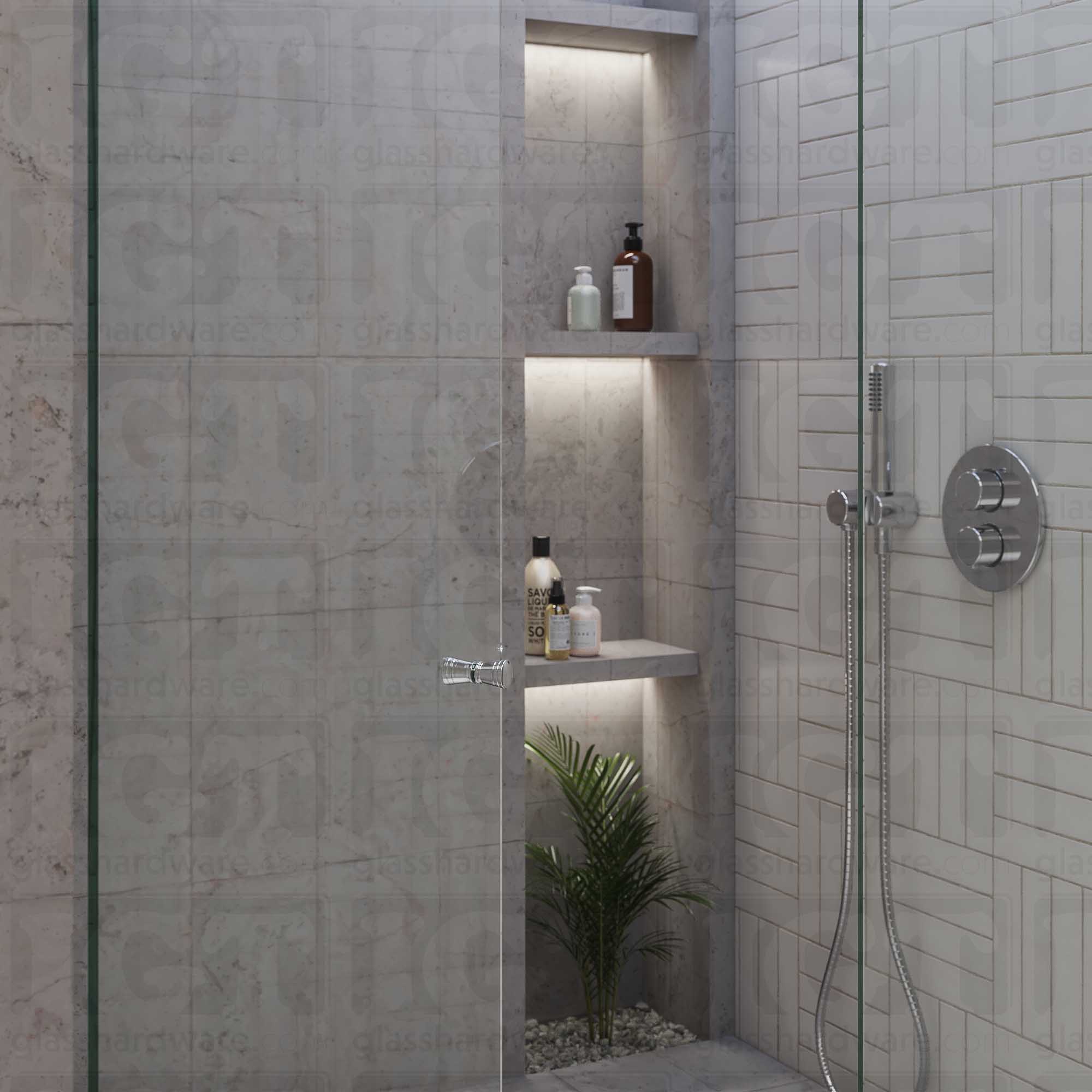 A glass shower door in the open position featuring the Modern Ribbed Bow Tie Back-to-Back Door Knob. Chrome Polished.