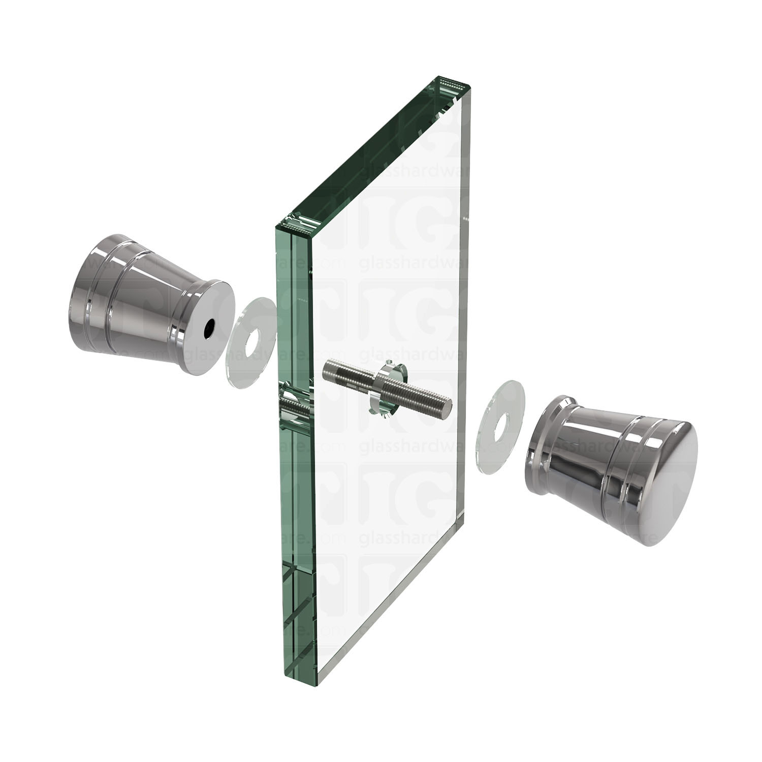 An exploded view of a Modern Ribbed Bow Tie Back-to-Back Door Knob assembly. The image shows its knobs, clear gaskets, and screw being fitted onto a glass panel. Chrome Polished.