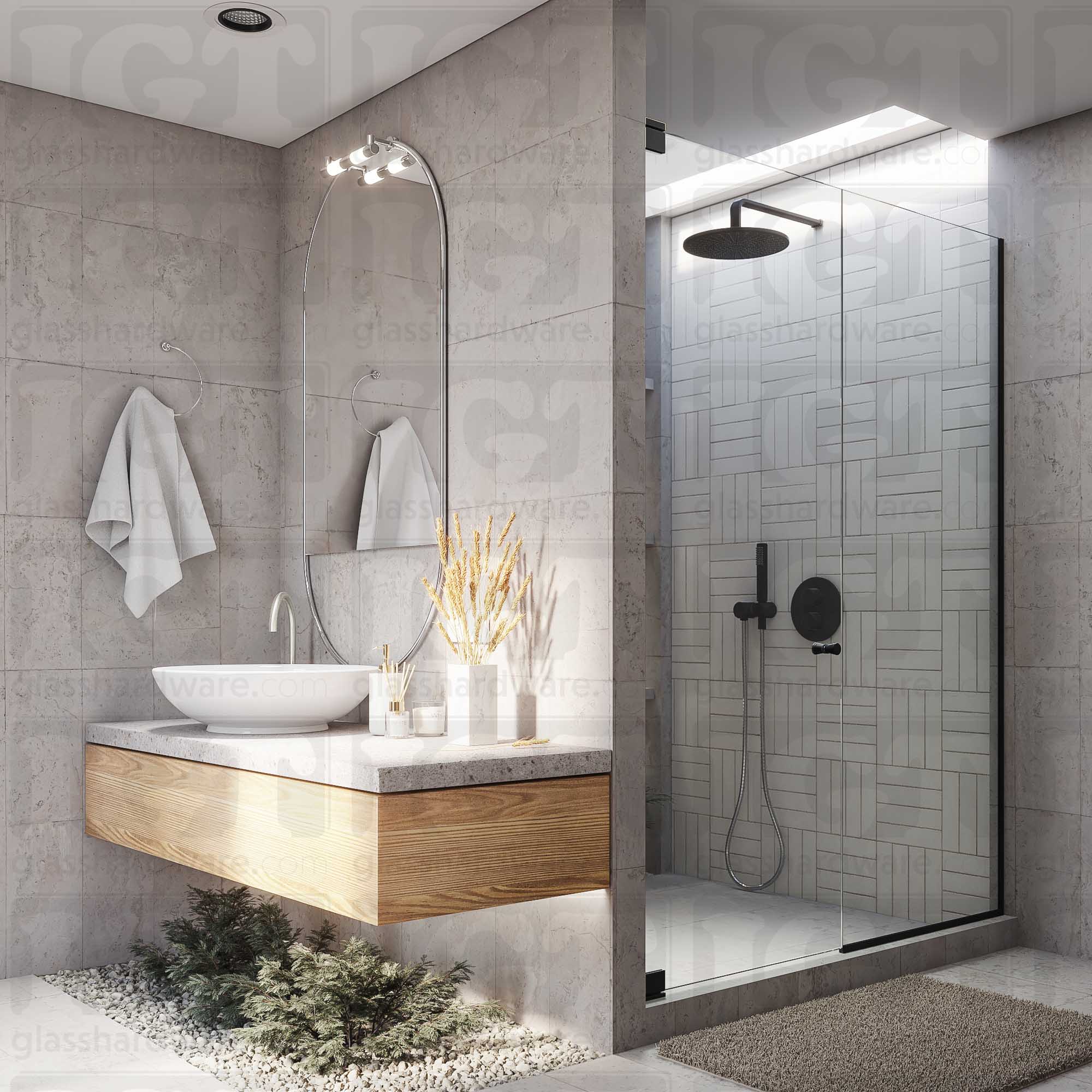 A modern bathroom with a frameless glass shower door featuring the Modern Ribbed Bow Tie Back-to-Back Door Knob in Matte Black.