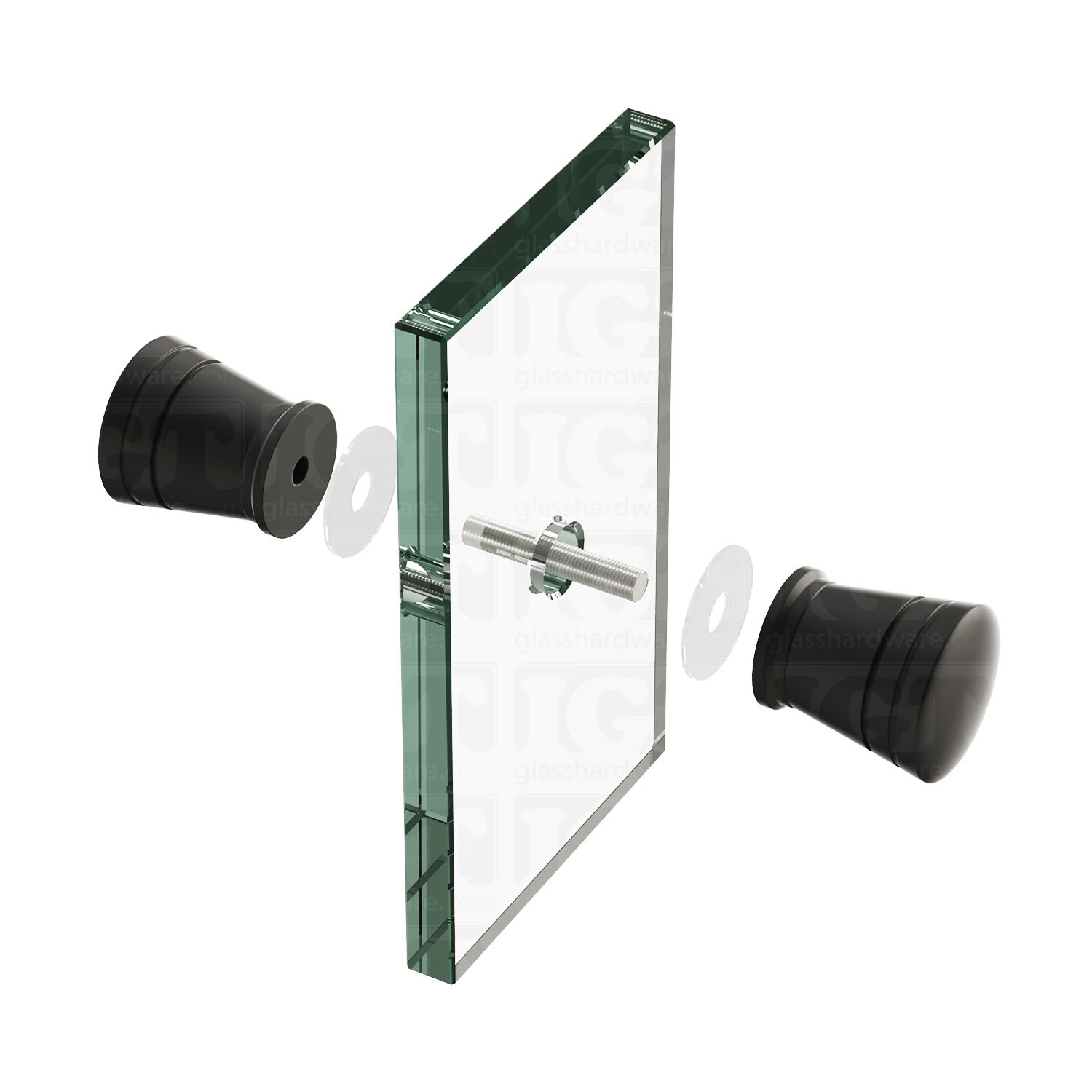 An exploded view of a Modern Ribbed Bow Tie Back-to-Back Door Knob assembly. The image shows its knobs, clear gaskets, and screw being fitted onto a glass panel. Matte Black.