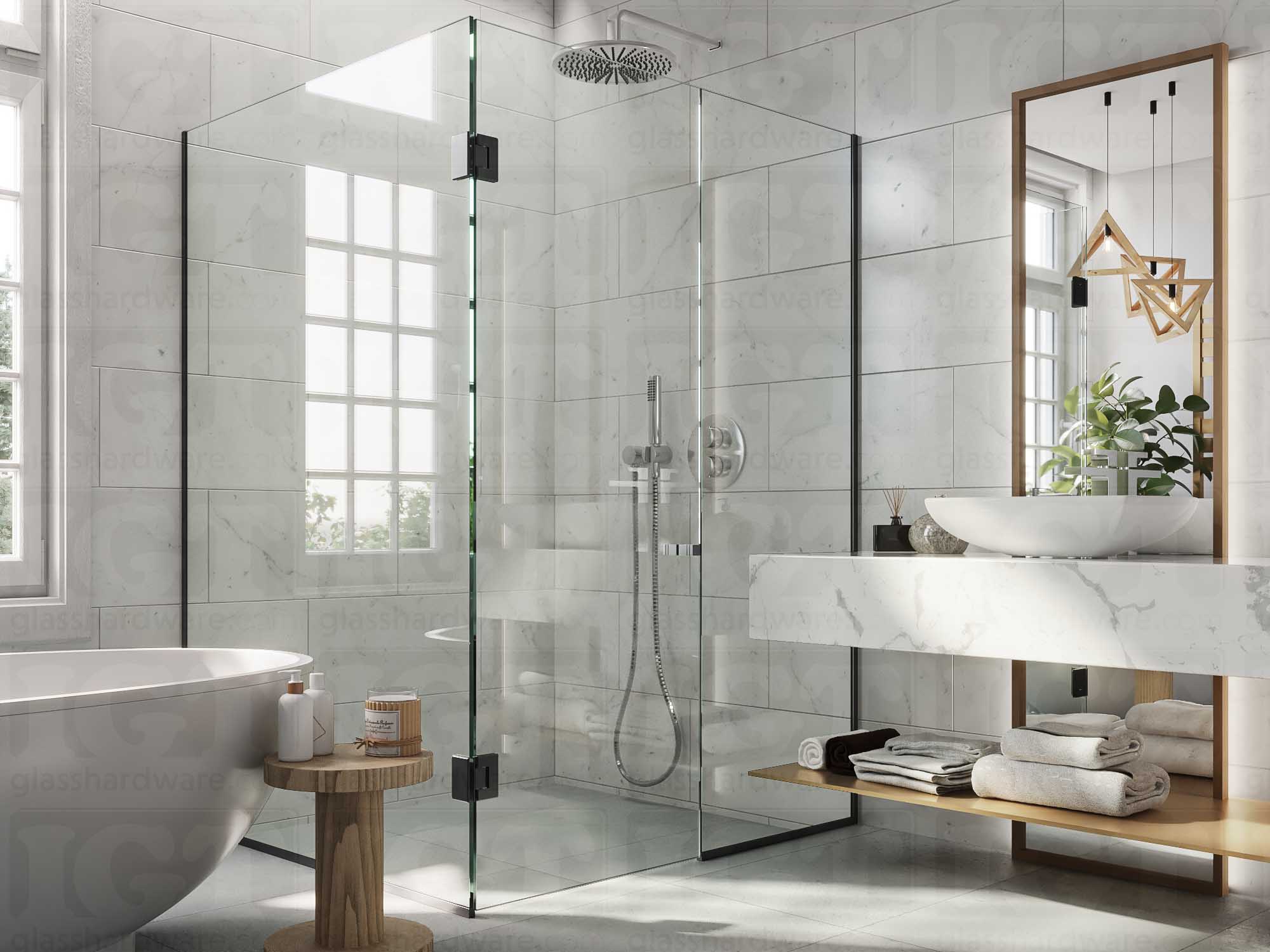 A modern bathroom with a frameless glass shower enclosure featuring the Square Back-to-Back Door Knob in Polished Gun Metal.