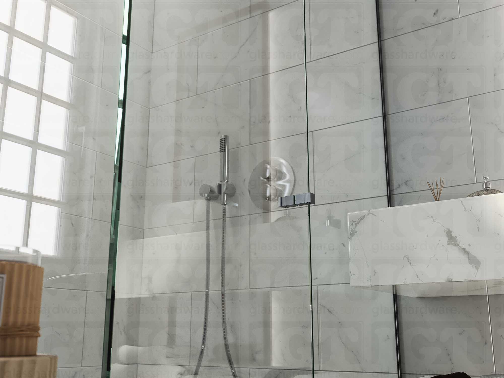 A close up of the Square Back-to-Back Door Knob installed on a glass shower door. The door knob's back-to-back design is tightly secured to the glass door. Polished Gun Metal.