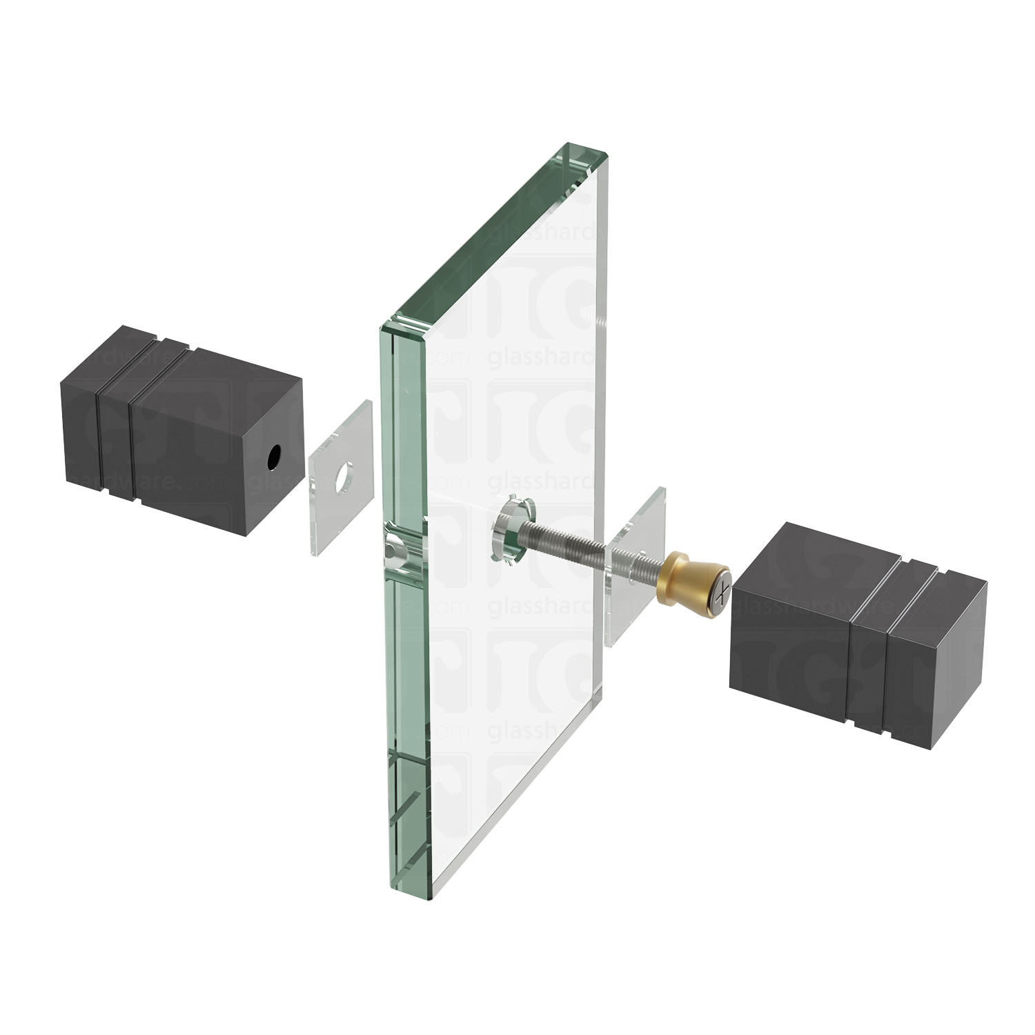 An exploded view of a Square Back-to-Back Door Knob assembly. The image shows its knobs, clear gaskets, and screw being fitted onto a glass panel. Polished Gun Metal.