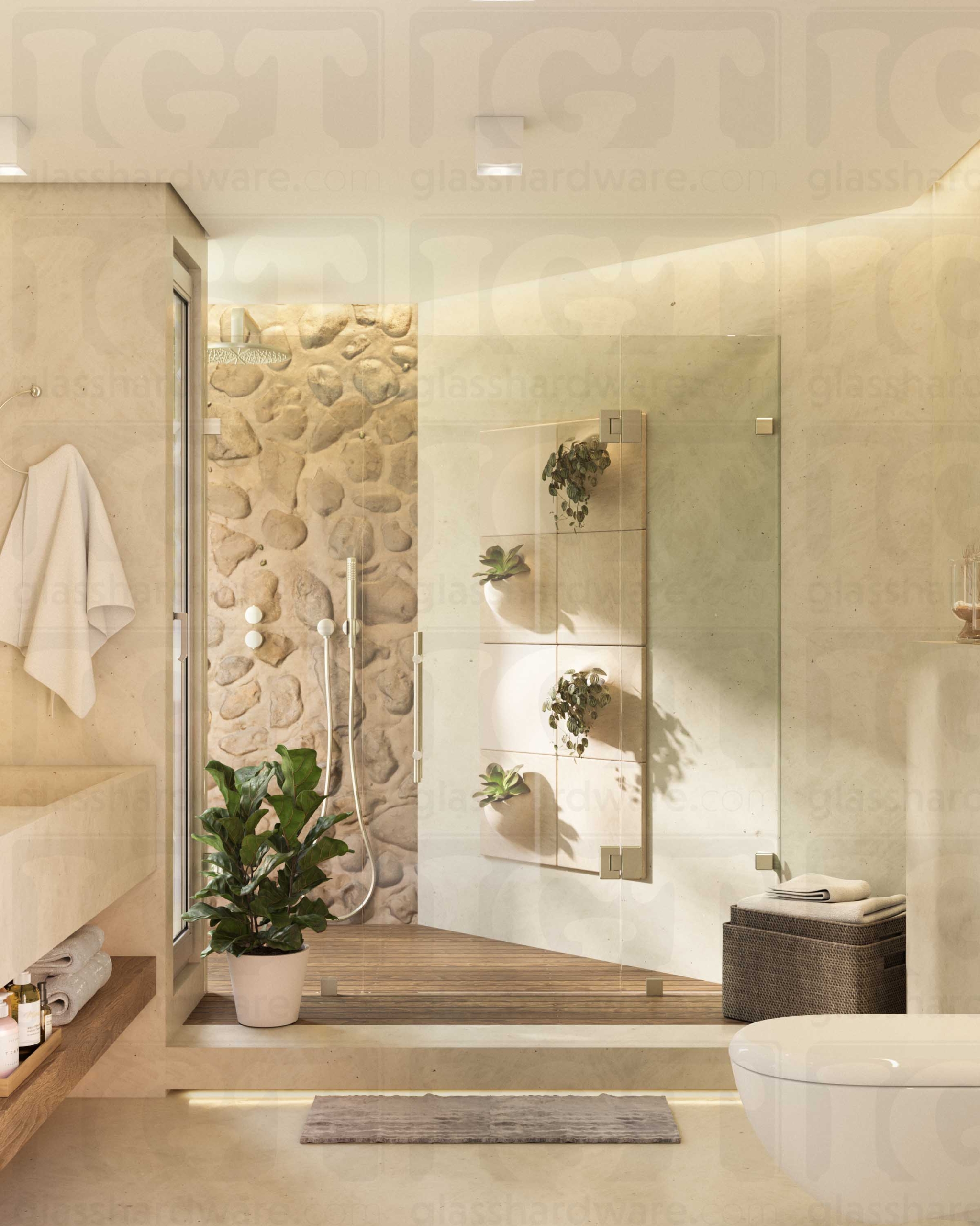 A modern bathroom featuring a frameless shower enclosure, secured by Glass-to-Glass Adjustable Bilboa Clamps mounted to the walls. Brushed Nickel.