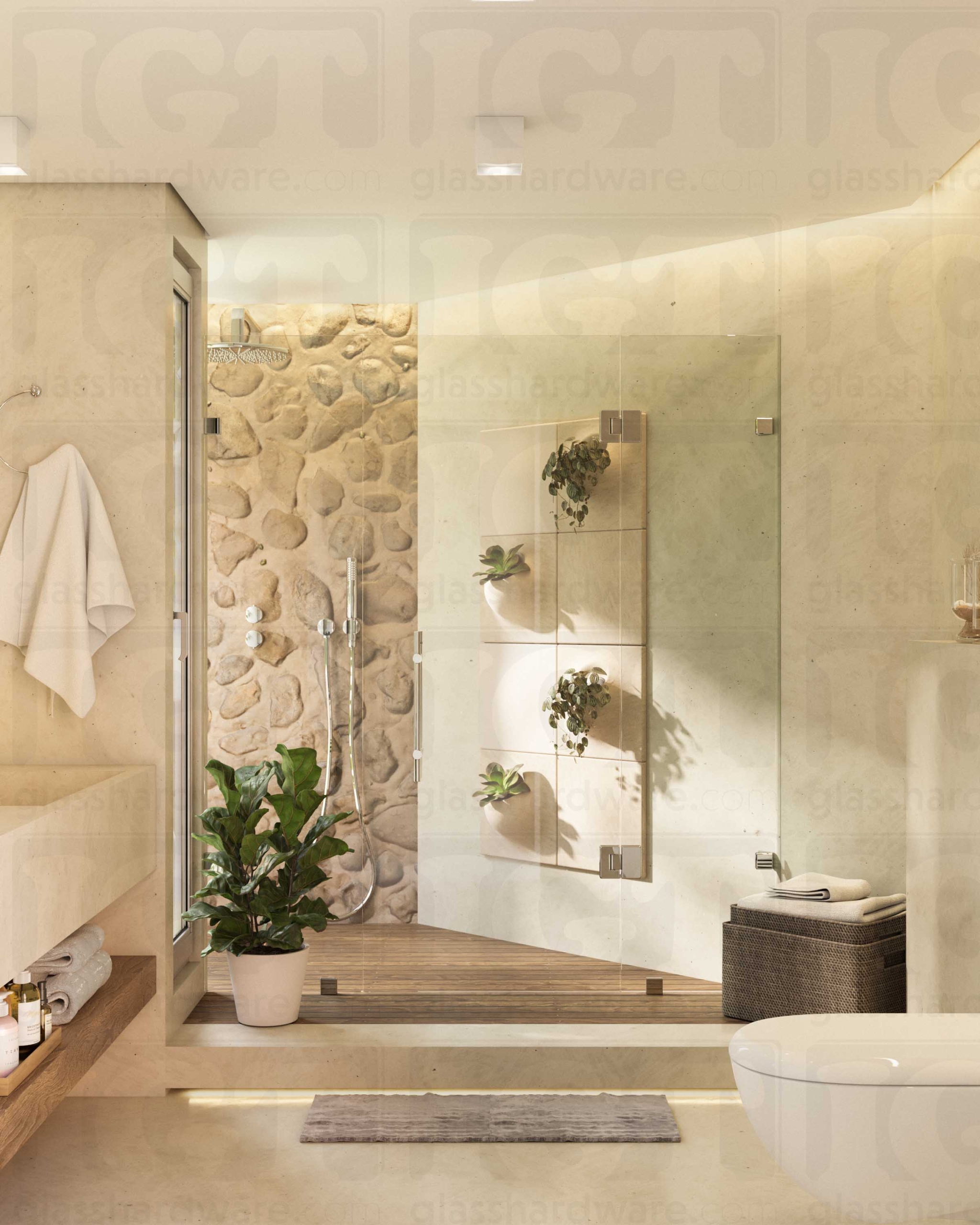 A modern bathroom featuring a frameless shower enclosure, secured by Glass-to-Glass Adjustable Bilboa Clamps mounted to the walls. Chrome Polished.