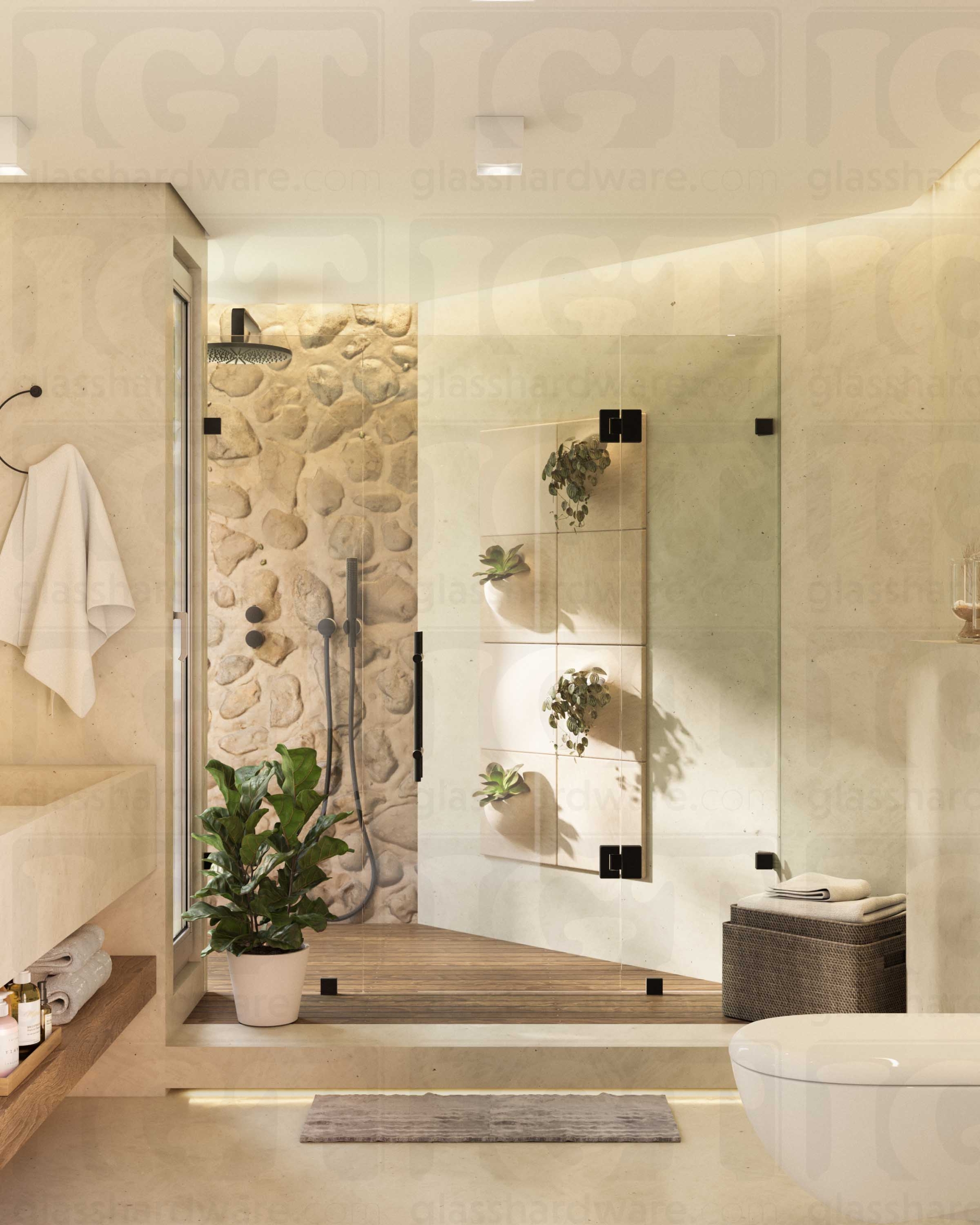 A modern bathroom featuring a frameless shower enclosure, secured by Glass-to-Glass Adjustable Bilboa Clamps mounted to the walls. Matte Black.