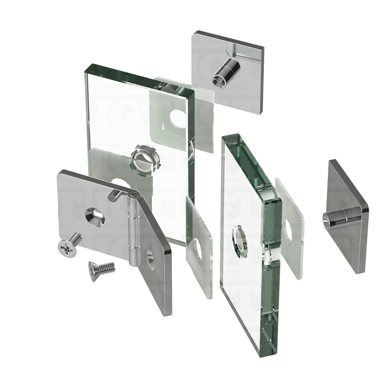 An exploded view of the Glass-to-Glass Adjustable Clamp, showcasing its installation components, including screws, hinge plates, and spacers. Chrome Polished.