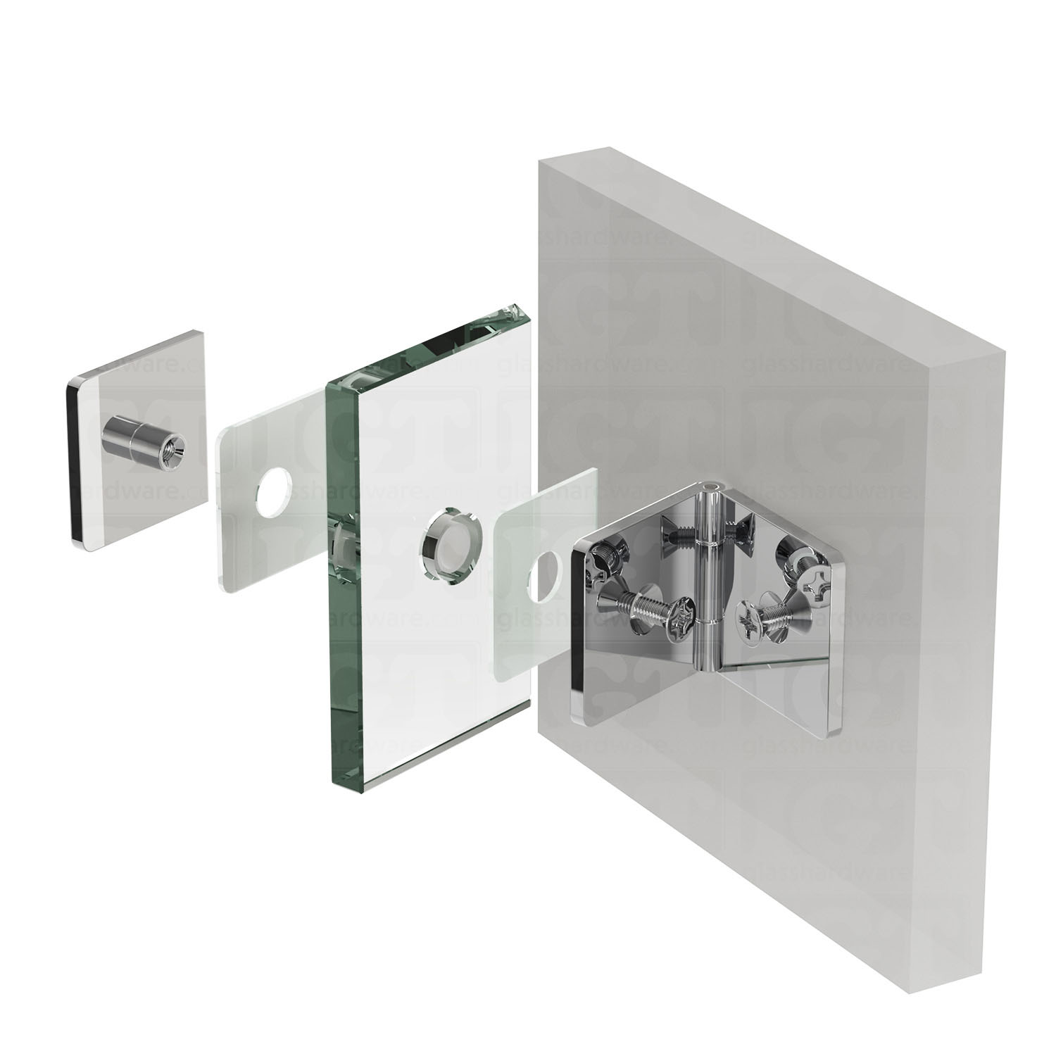 An exploded view of the Wall-to-Glass Adjustable Clamp placed on the wall, showcasing its installation components, including screws, hinge plates, and spacers. Chrome Polished.