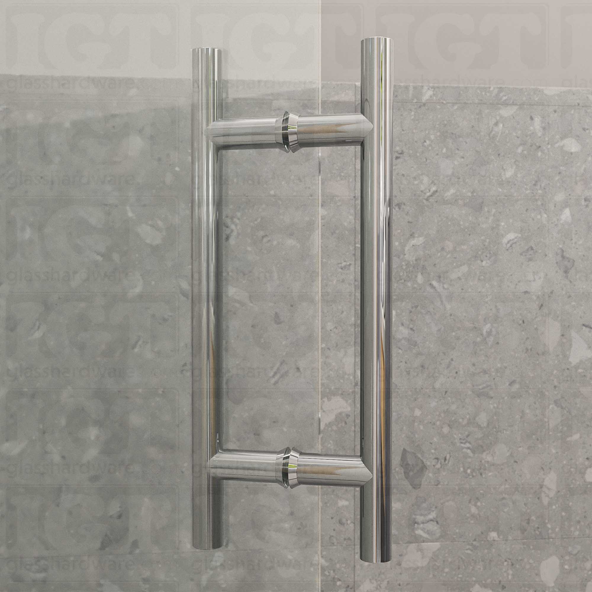 A close-up from of the 8" Center-to-Center Round Ladder Handle installed on a frameless glass shower door, showcasing its slim ladder style design. Chrome Polished.