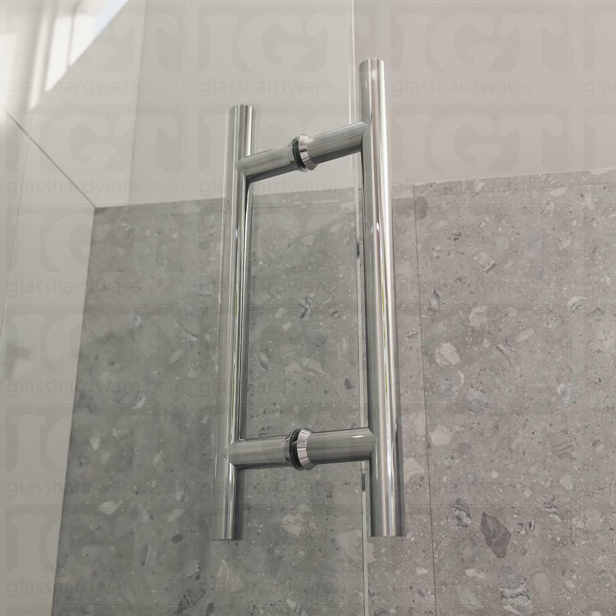 An angled close-up of the 8" Center-to-Center Round Ladder Handle installed on a frameless glass shower door, showing its 304 Stainless Steel construction in more detail. Chrome Polished.