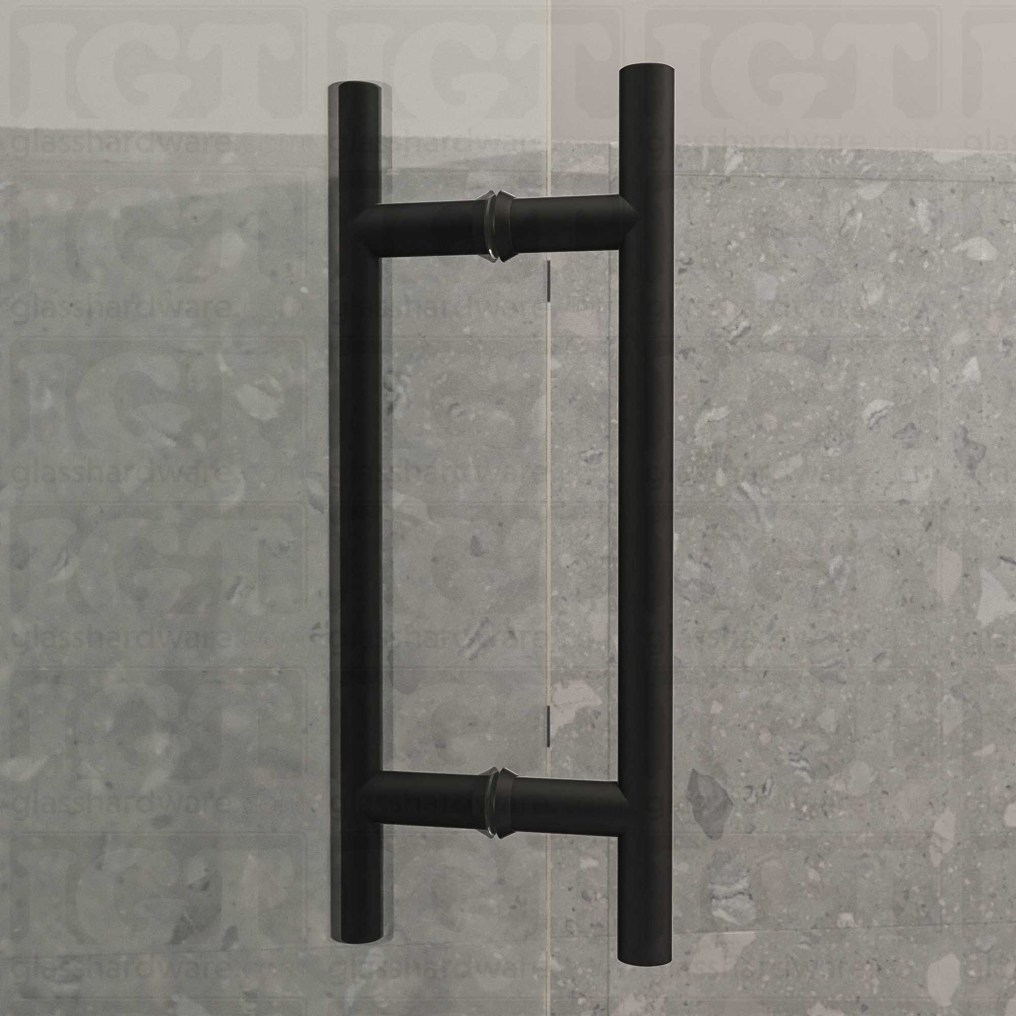 A close-up from of the 8" Center-to-Center Round Ladder Handle installed on a frameless glass shower door, showcasing its slim ladder style design. Matte Black.