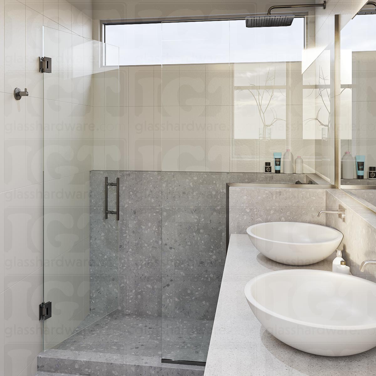 A modern bathroom with a semi-frameless glass shower enclosure featuring the 8" Center-to-Center Round Ladder Handle. Polished Gun Metal.