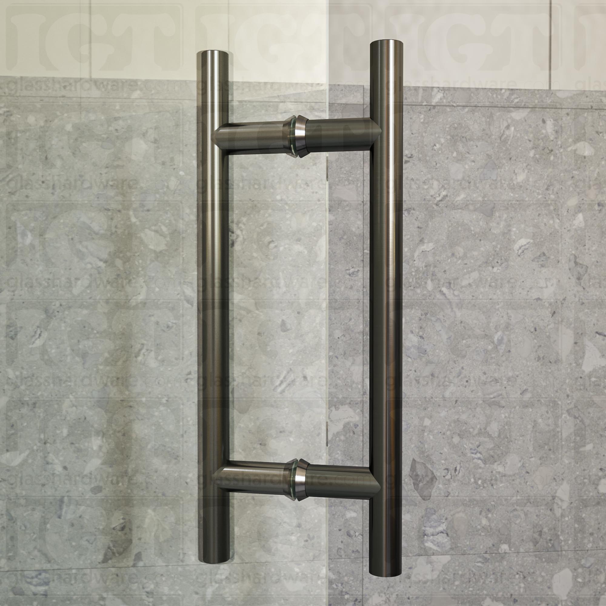 An angled close-up of the 8" Center-to-Center Round Ladder Handle installed on a frameless glass shower door, showing its 304 Stainless Steel construction in more detail. Polished Gun Metal.